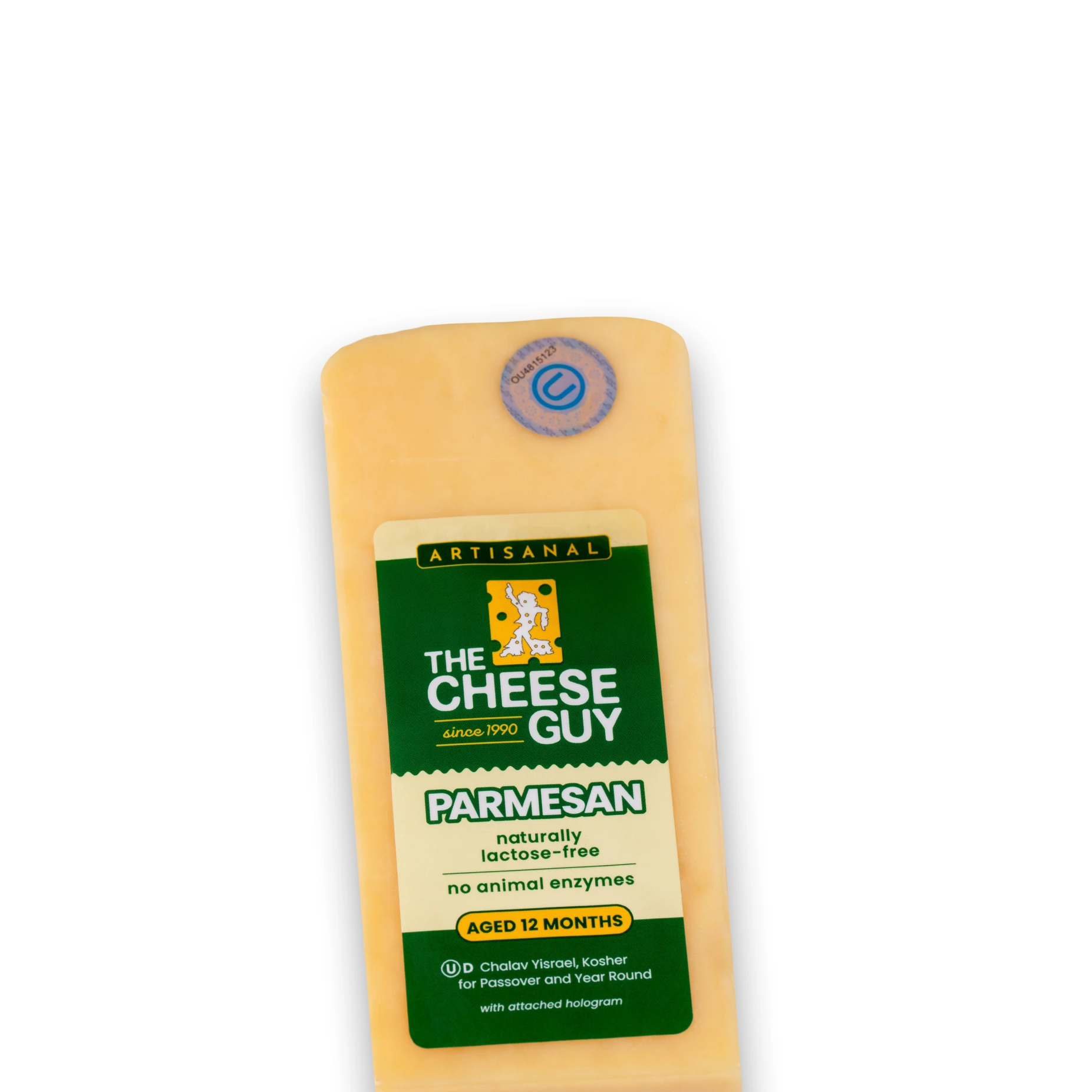 A block of The Cheese Guy Artisanal Parmesan cheese, naturally lactose-free, with no animal enzymes, aged 12 months, featuring a green label with the product name in bold letters and the company logo.