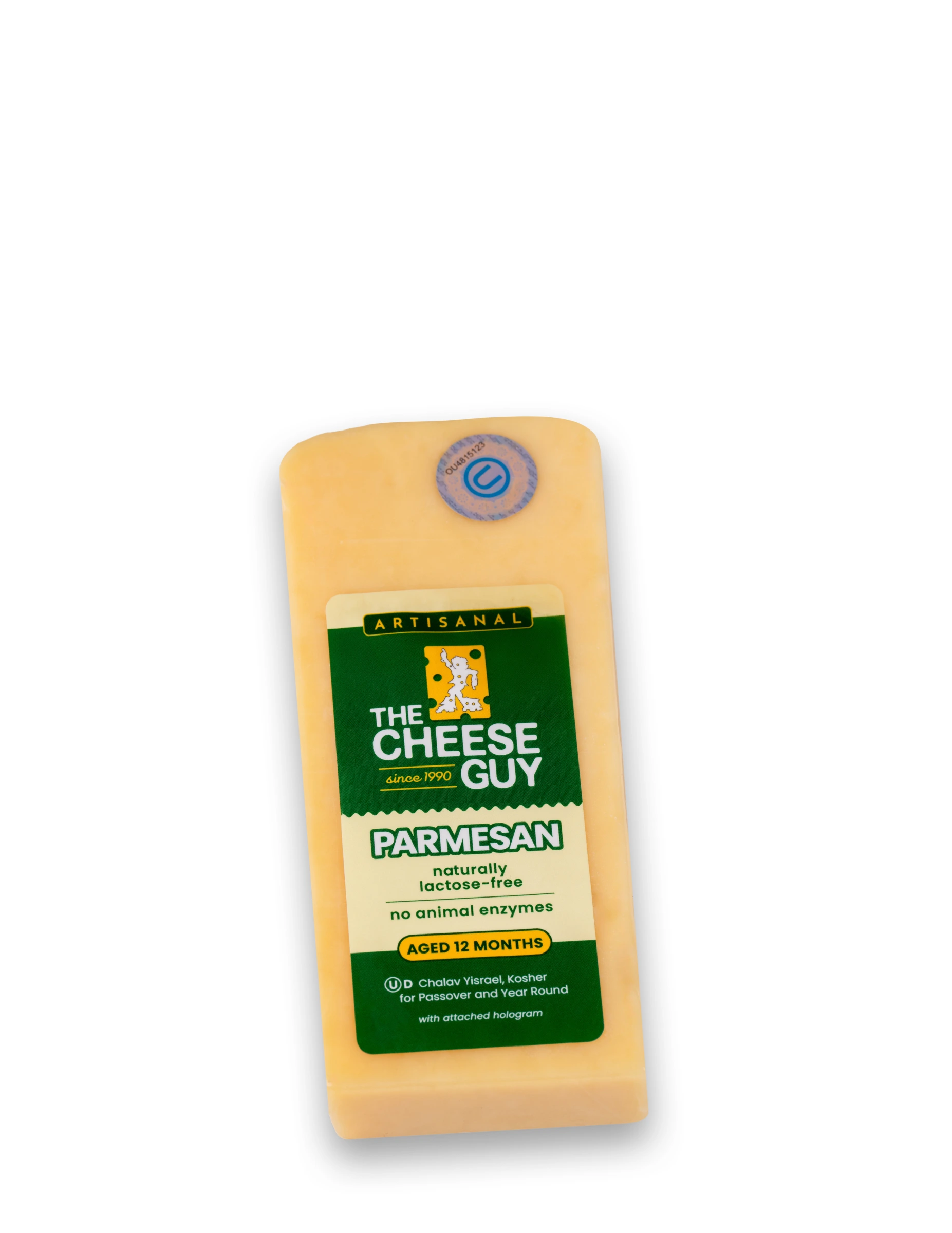 A block of The Cheese Guy Artisanal Parmesan cheese, naturally lactose-free, with no animal enzymes, aged 12 months, featuring a green label with the product name in bold letters and the company logo.