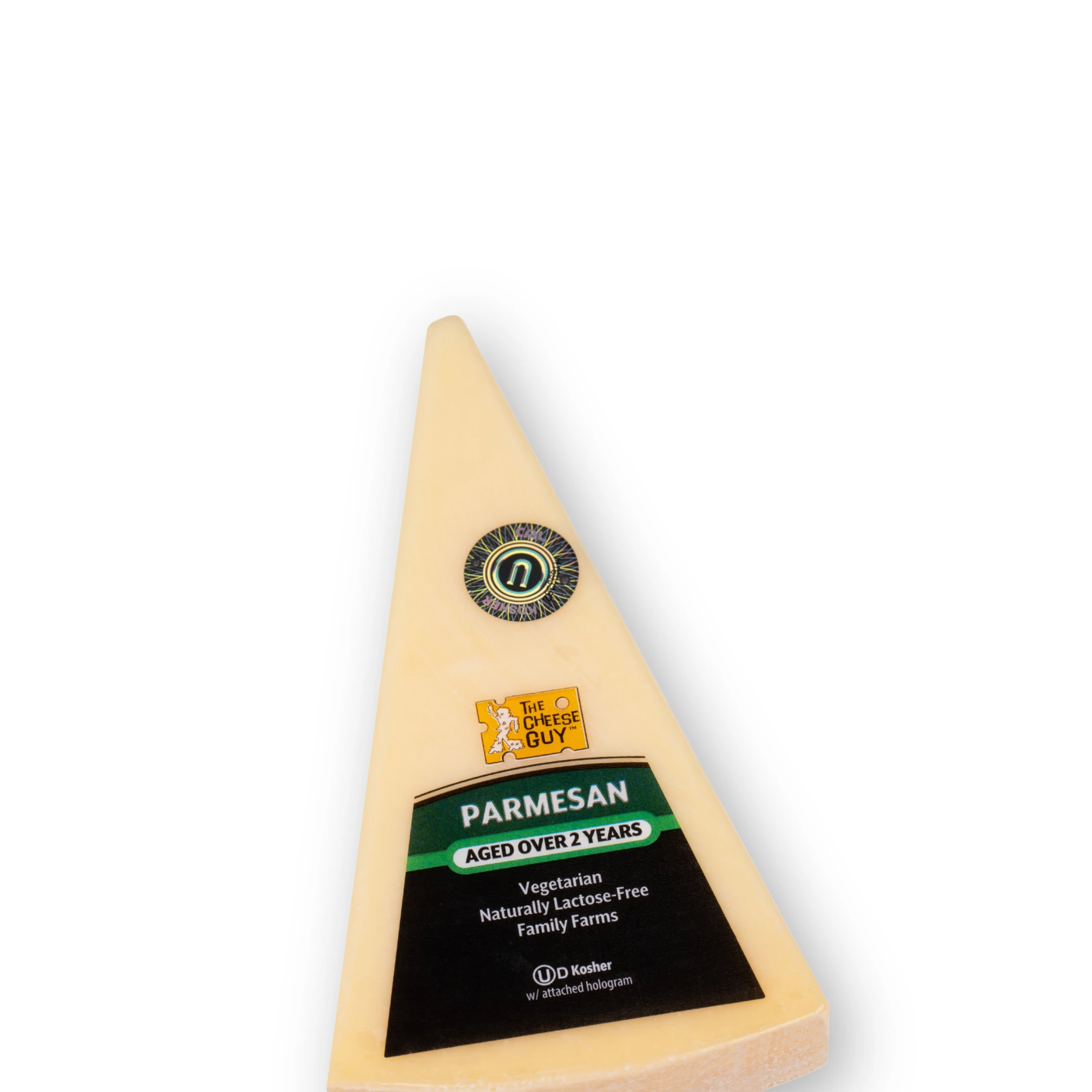 A wedge of The Cheese Guy 2-Year Aged Parmesan cheese featuring a dark label with the product name "PARMESAN" in green letters, indicating it is aged over 2 years, vegetarian, and naturally lactose-free.