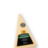 A wedge of The Cheese Guy 2-Year Aged Parmesan cheese featuring a dark label with the product name "PARMESAN" in green letters, indicating it is aged over 2 years, vegetarian, and naturally lactose-free.