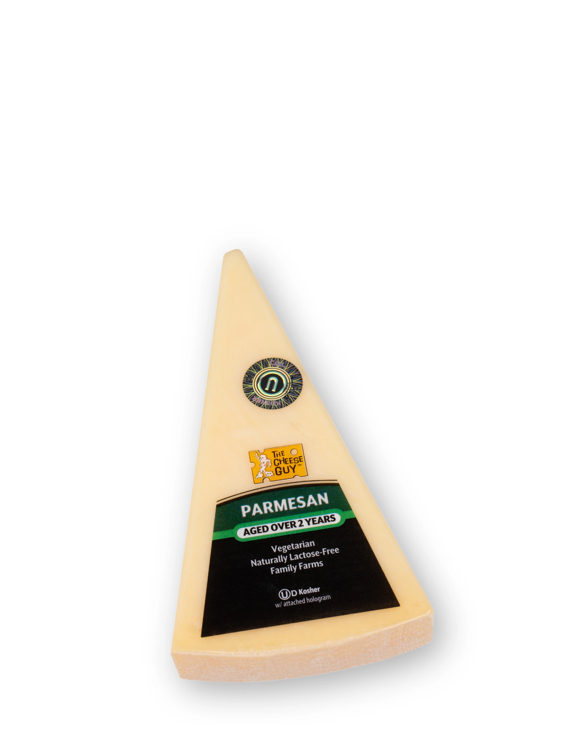 A wedge of The Cheese Guy 2-Year Aged Parmesan cheese featuring a dark label with the product name "PARMESAN" in green letters, indicating it is aged over 2 years, vegetarian, and naturally lactose-free.