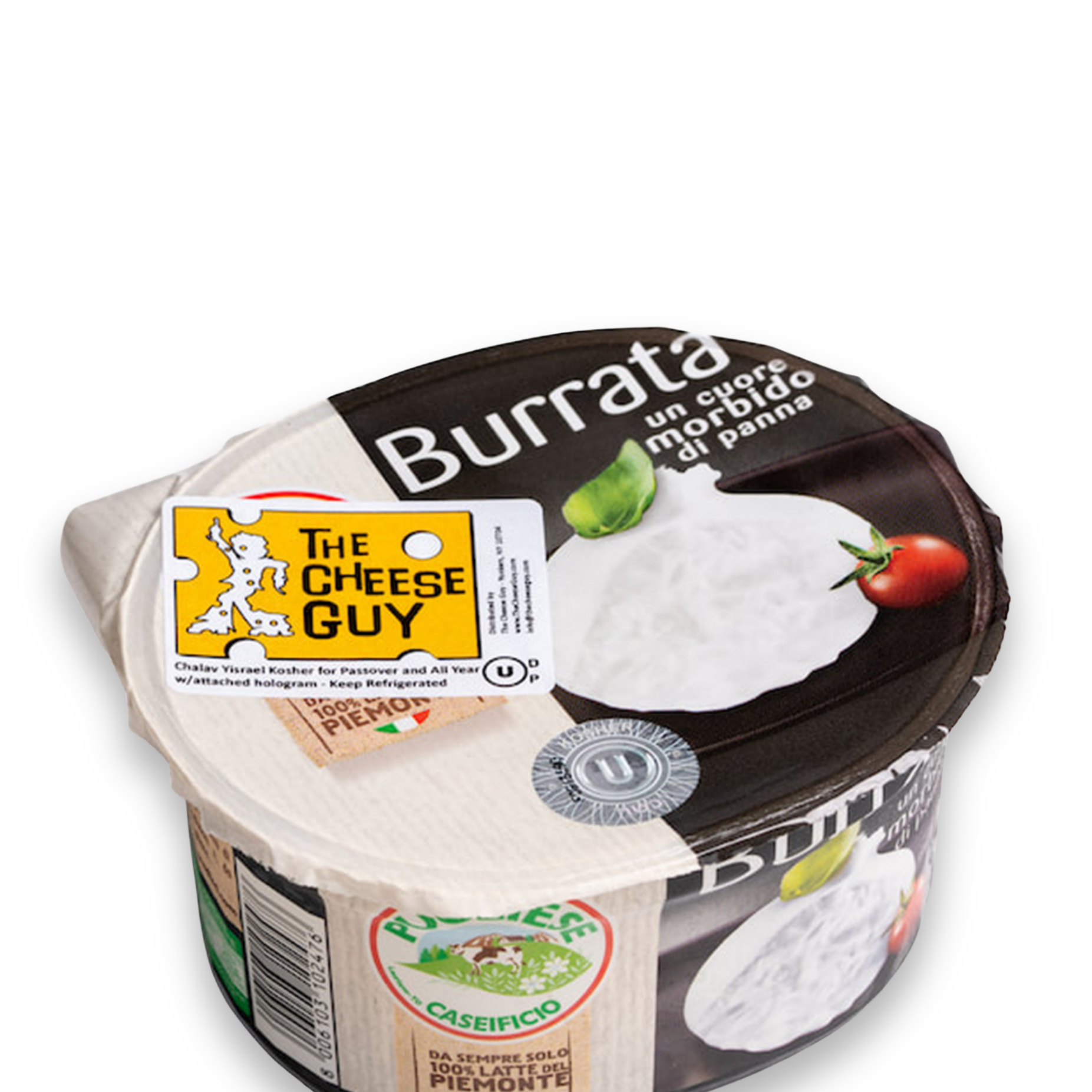 The Cheese Guy Burrata cheese in its packaging shows a creamy white ball of burrata with a tomato and basil leaf, along with The Cheese Guy logo and product information.