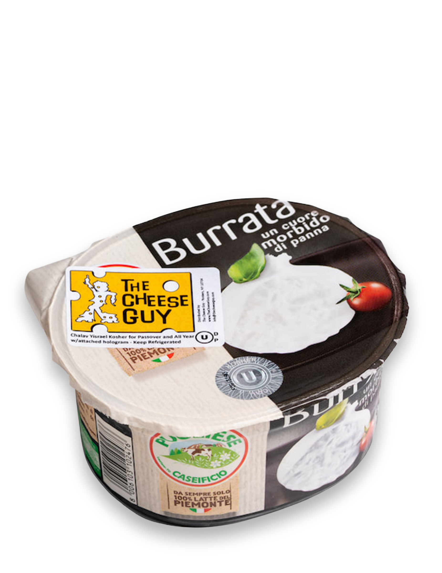 The Cheese Guy Burrata cheese in its packaging shows a creamy white ball of burrata with a tomato and basil leaf, along with The Cheese Guy logo and product information.