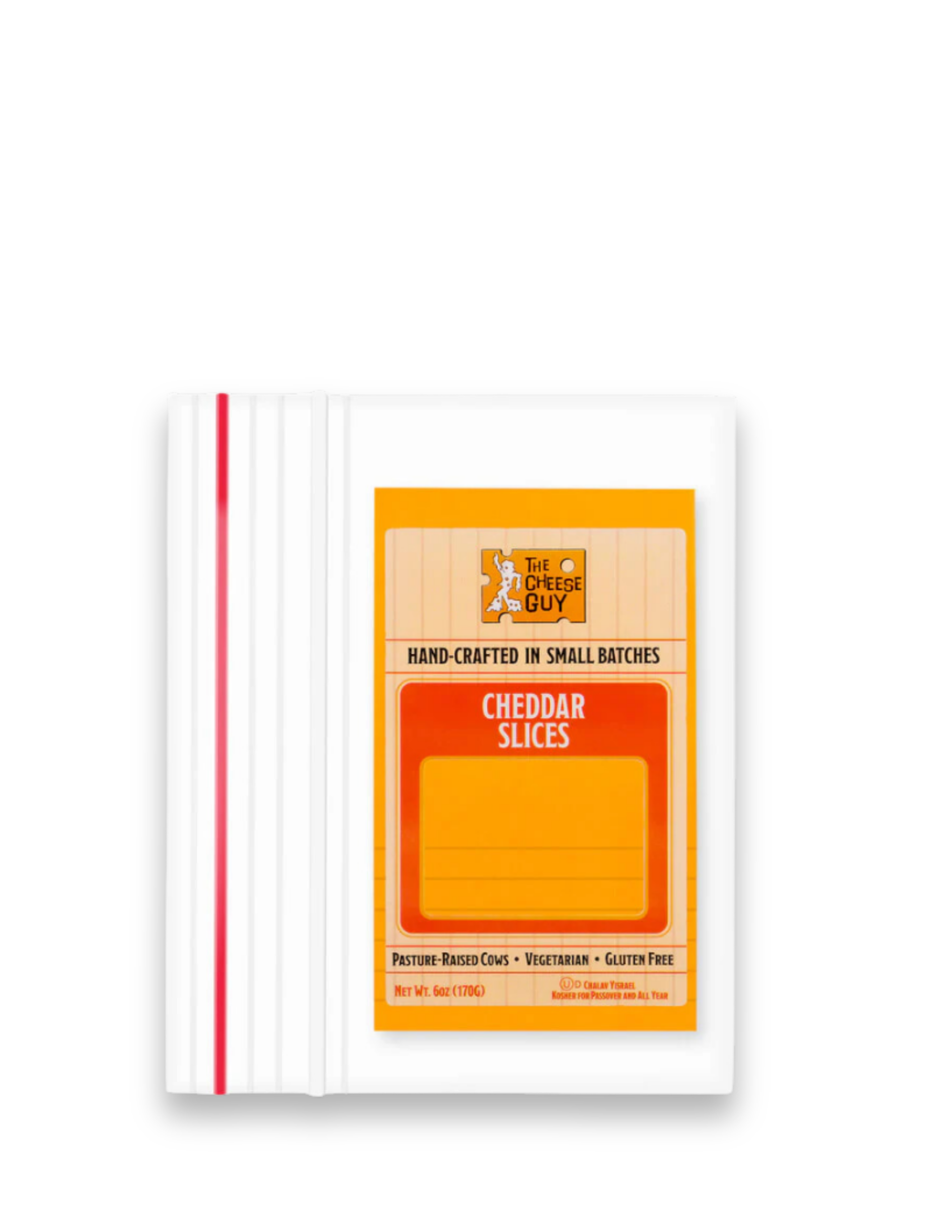 The Cheese Guy Cheddar Slices in a resealable white package with a vibrant orange and white label clearly stating "CHEDDAR SLICES" in bold red letters, along with "HAND-CRAFTED IN SMALL BATCHES" and The Cheese Guy logo featuring a cartoon cheesemaker.