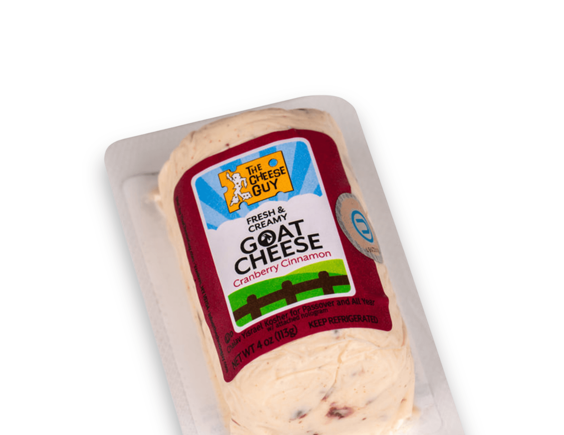 The Cheese Guy Fresh & Creamy Goat Cheese with Cranberry Cinnamon in clear packaging with a red and blue label featuring the product name and company logo.