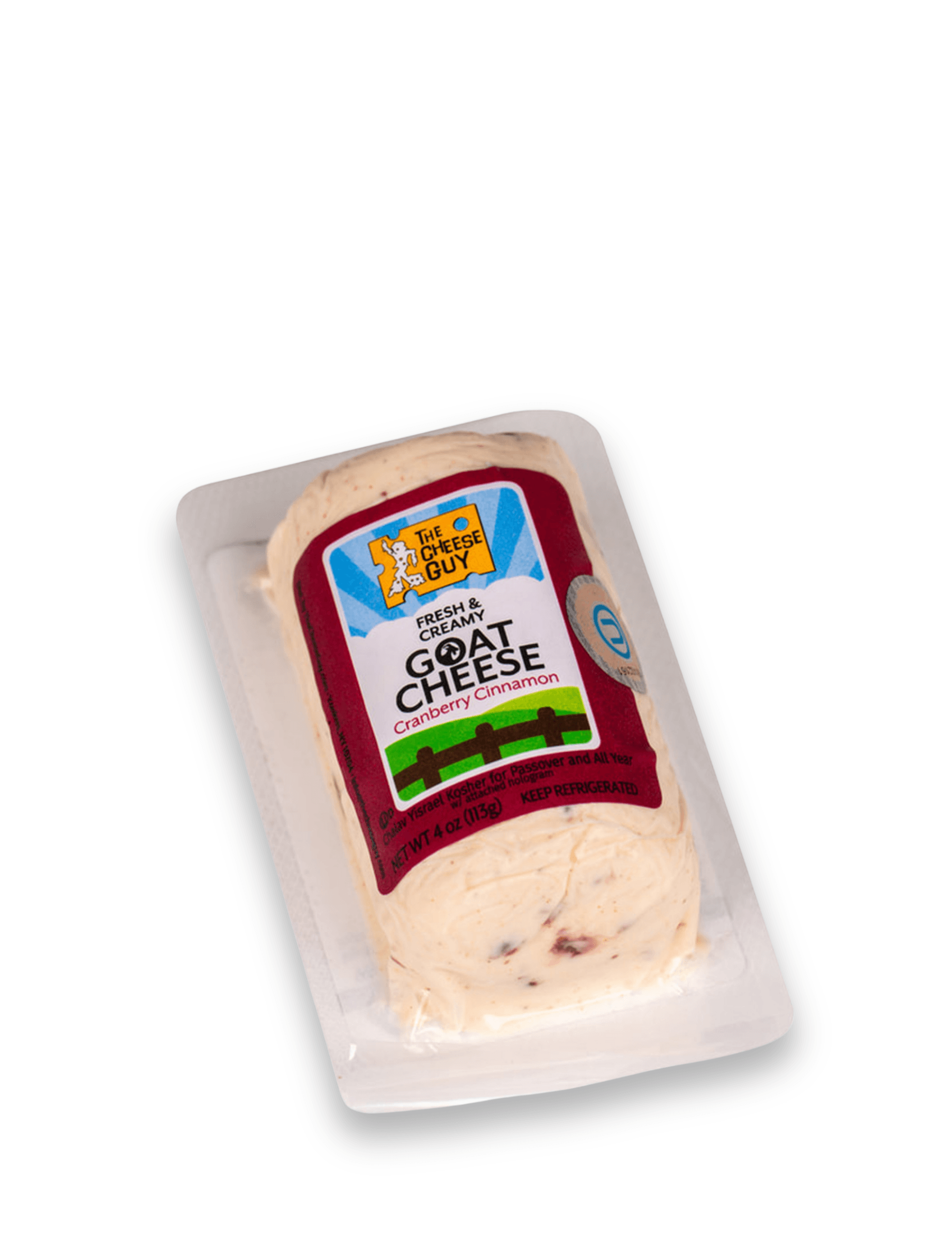The Cheese Guy Fresh & Creamy Goat Cheese with Cranberry Cinnamon in clear packaging with a red and blue label featuring the product name and company logo.