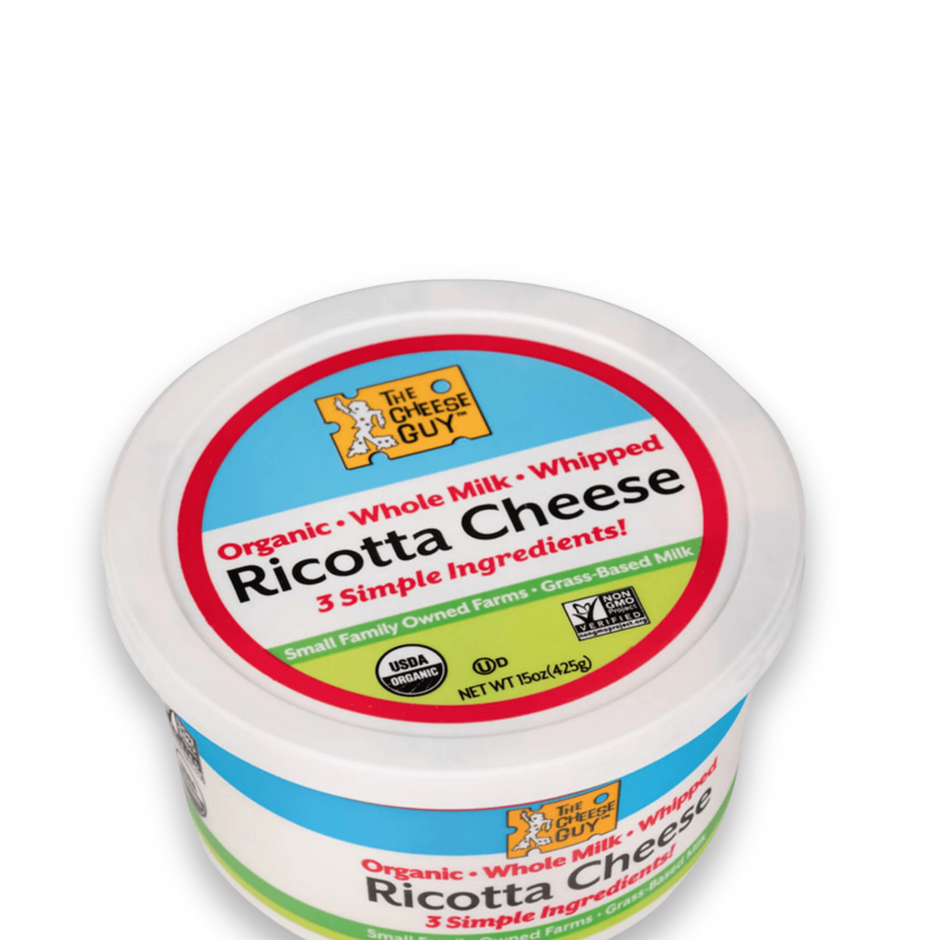 Image of The Cheese Guy Organic Whole Milk Whipped Ricotta Cheese, a white cheese in a white round container, showing the brand logo, 'Ricotta Cheese' product name, and attributes like '3 Simple Ingredients' and 'Grass-Based Milk'.