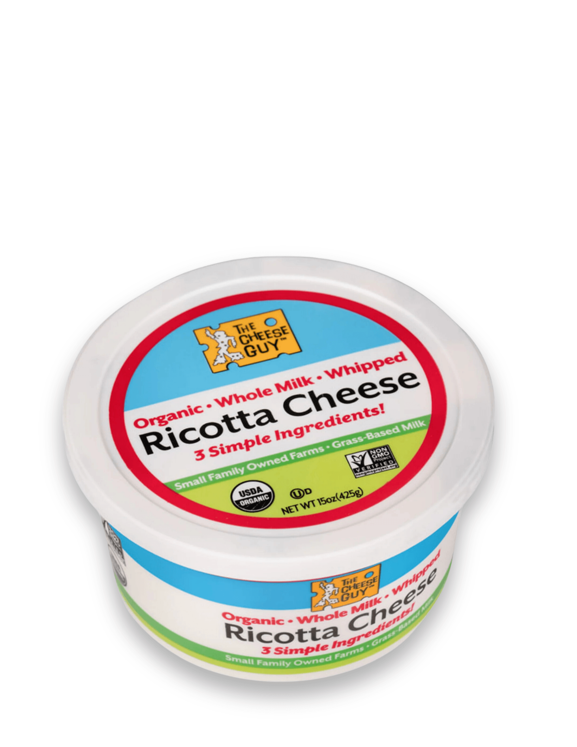Image of The Cheese Guy Organic Whole Milk Whipped Ricotta Cheese, a white cheese in a white round container, showing the brand logo, 'Ricotta Cheese' product name, and attributes like '3 Simple Ingredients' and 'Grass-Based Milk'.