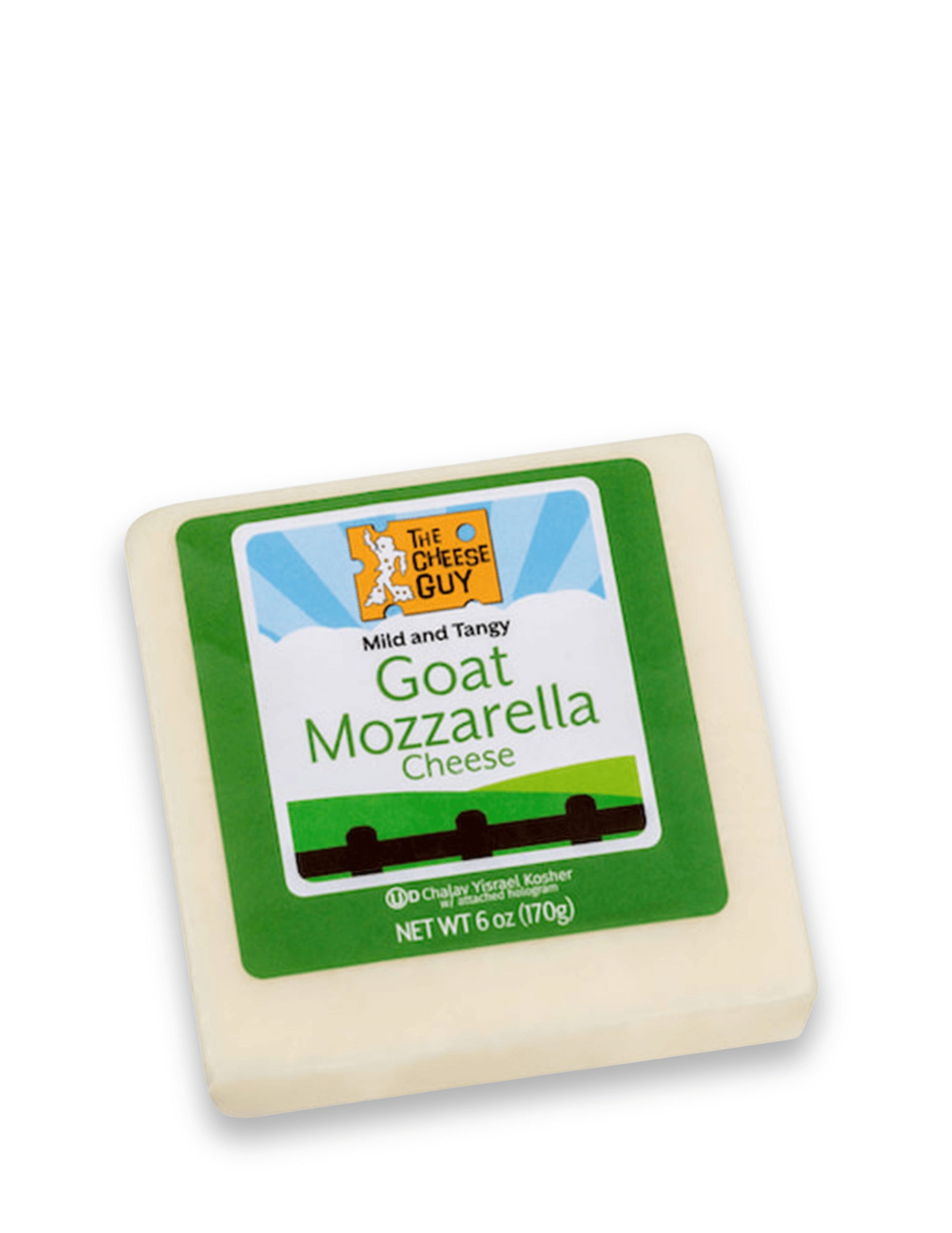 A block of The Cheese Guy Mild and Tangy Goat Mozzarella Cheese features a green and white label with the product name in bold letters and the company logo.