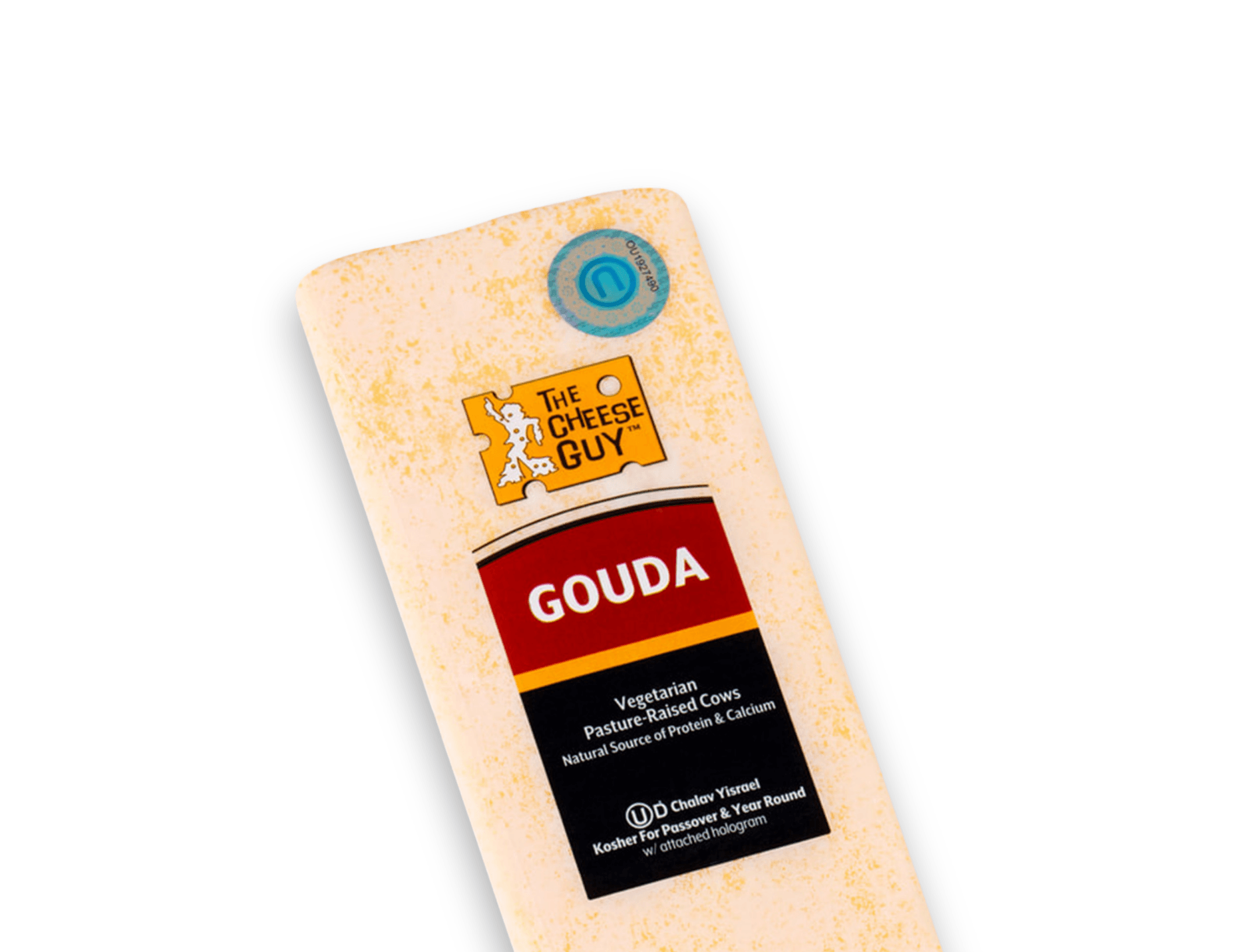 Image of The Cheese Guy Gouda, a light yellow cheese with flecks, in a rectangular block, showing the brand logo and 'Gouda' product name on the label.