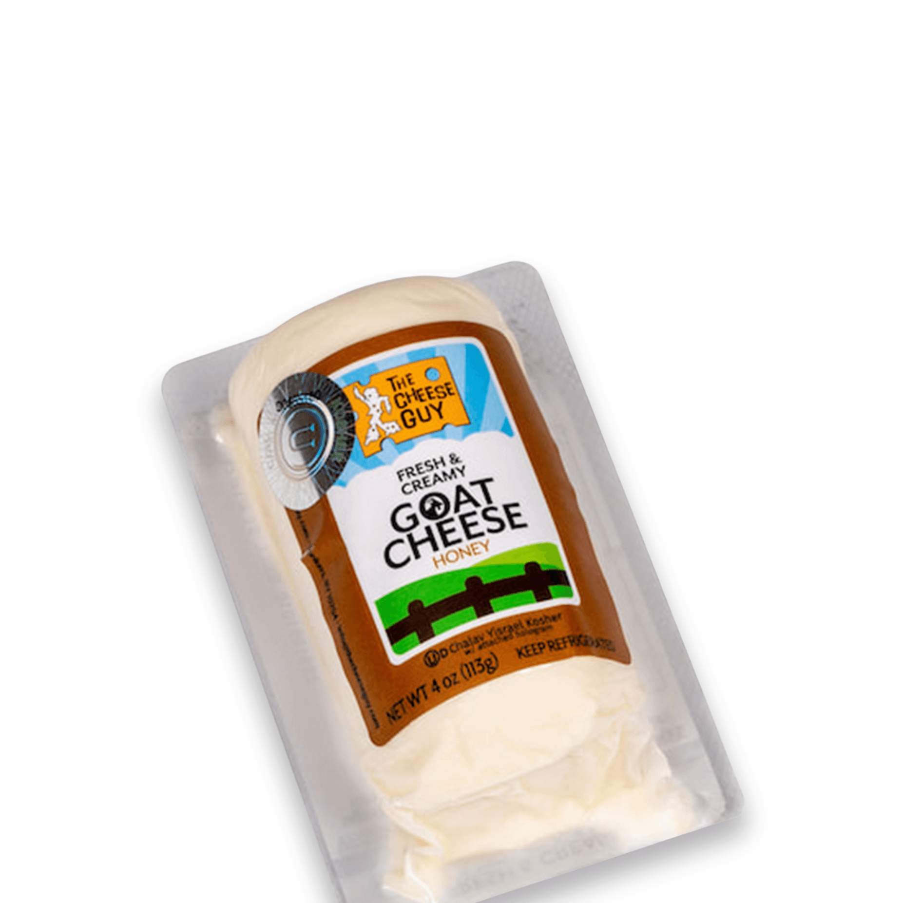 The Cheese Guy Fresh & Creamy Goat Cheese with Honey in clear packaging with a brown and blue label featuring the product name and company logo.