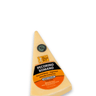 A wedge of The Cheese Guy Pecorino Romano cheese, featuring an orange and black label with the product name "PECORINO ROMANO" in bold letters, indicating it's made from grass-fed sheep, vegetarian, naturally lactose-free, and aged 12 months.