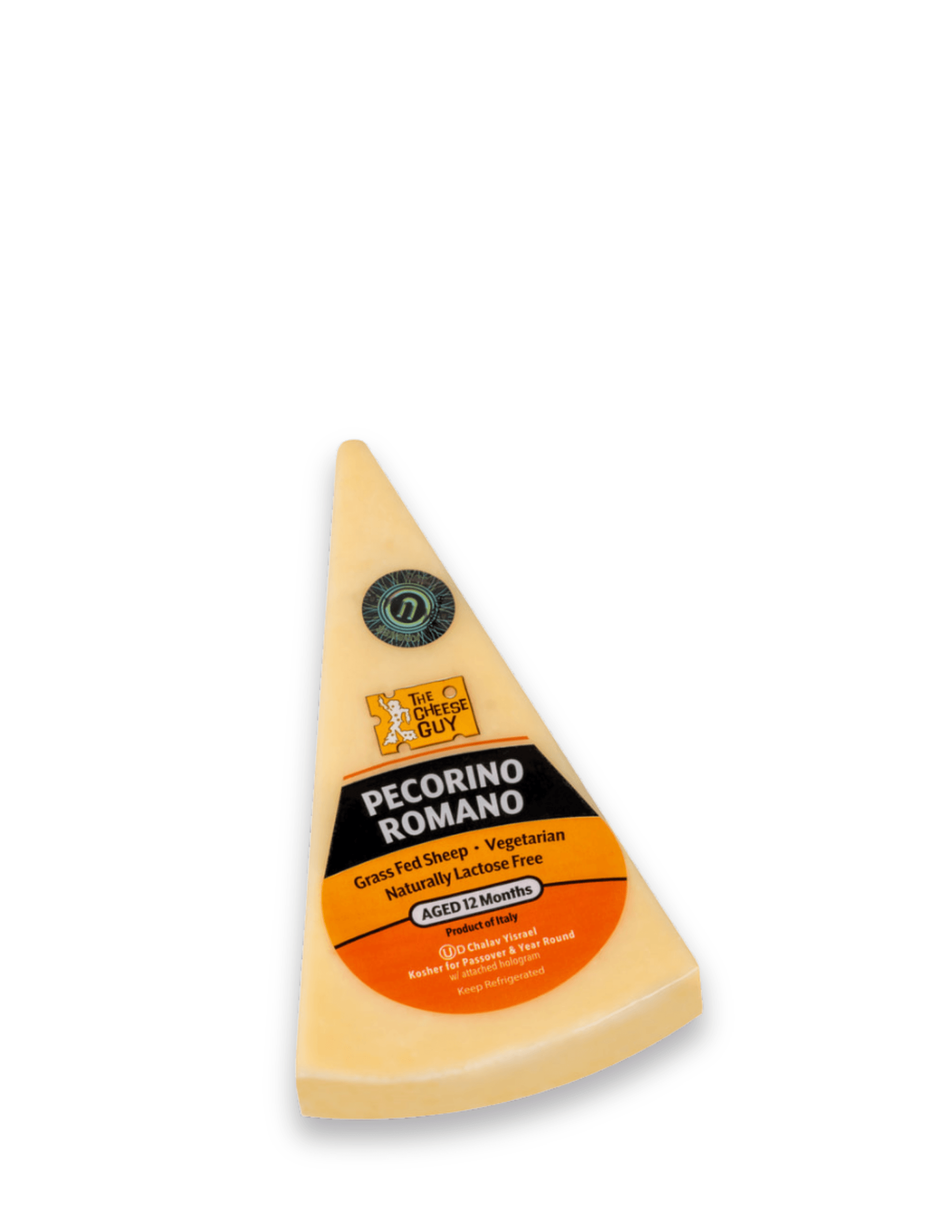 A wedge of The Cheese Guy Pecorino Romano cheese, featuring an orange and black label with the product name "PECORINO ROMANO" in bold letters, indicating it's made from grass-fed sheep, vegetarian, naturally lactose-free, and aged 12 months.
