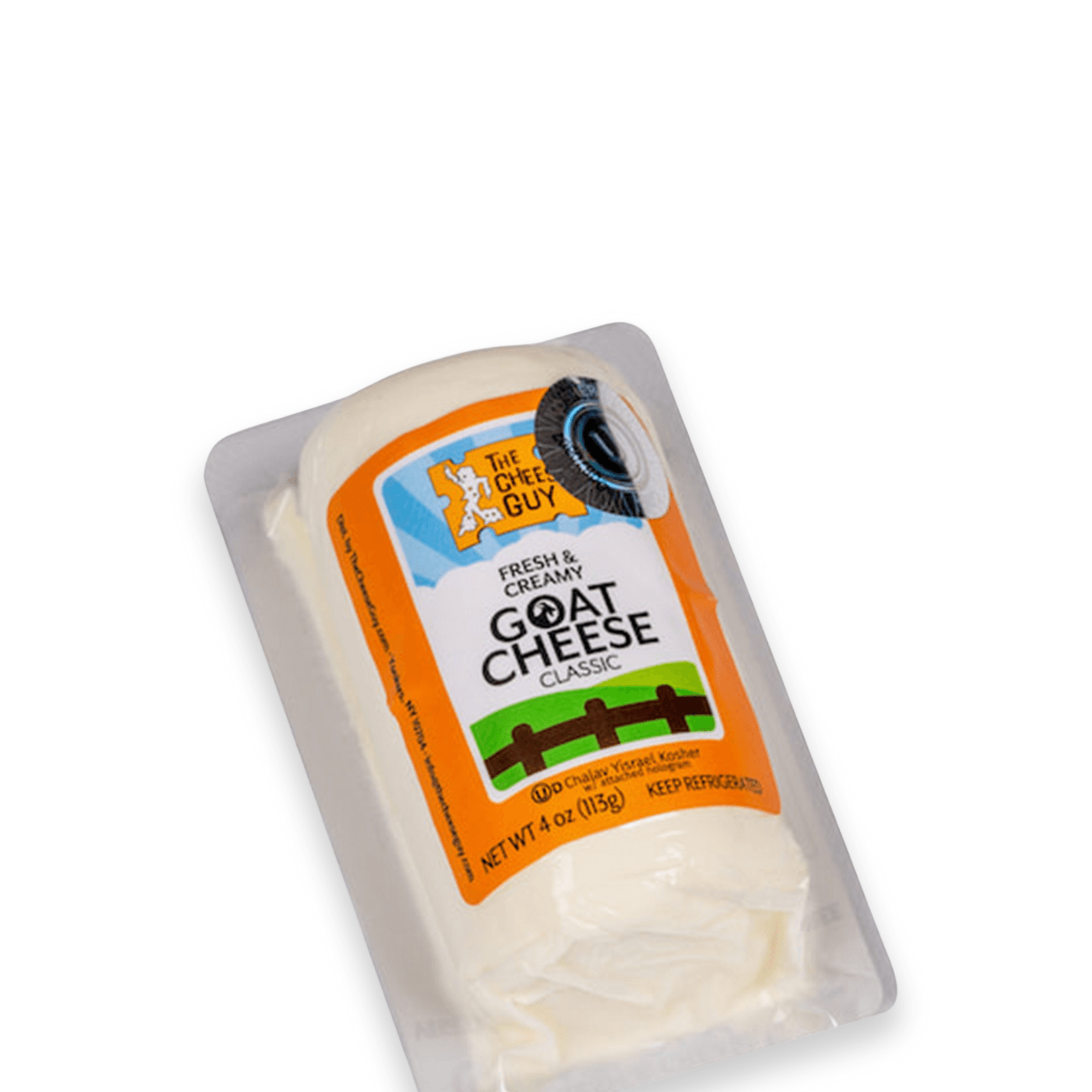 The Cheese Guy Fresh & Creamy Classic Goat Cheese is in clear packaging with an orange and blue label featuring the product name and company logo.