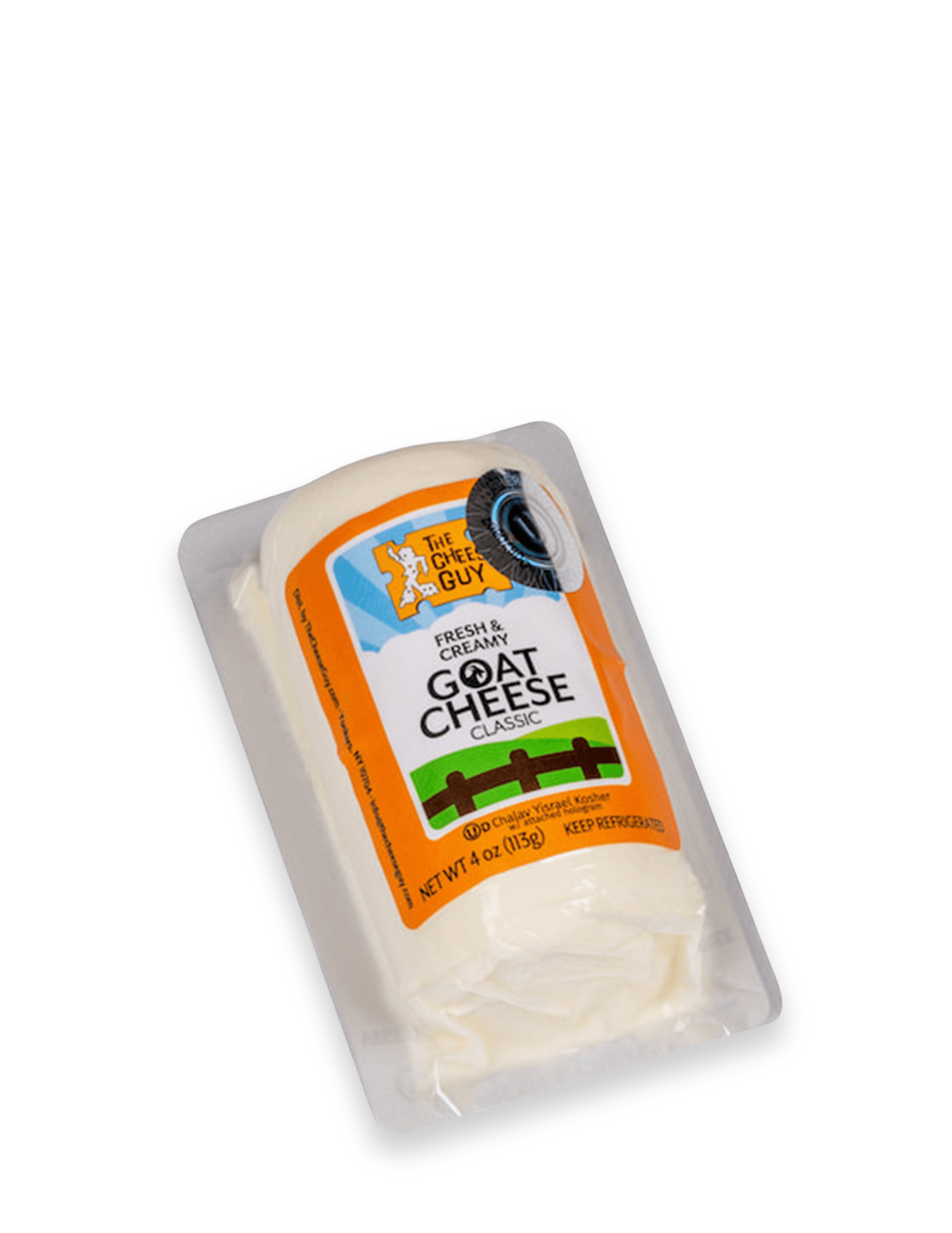 The Cheese Guy Fresh & Creamy Classic Goat Cheese is in clear packaging with an orange and blue label featuring the product name and company logo.