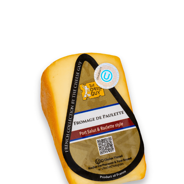 Image of The Cheese Guy Fromage De Paulette, a light-colored wedge-shaped block of cheese, showing the brand logo, 'Fromage De Paulette' product name, and 'Port Salut & Raclette style'.