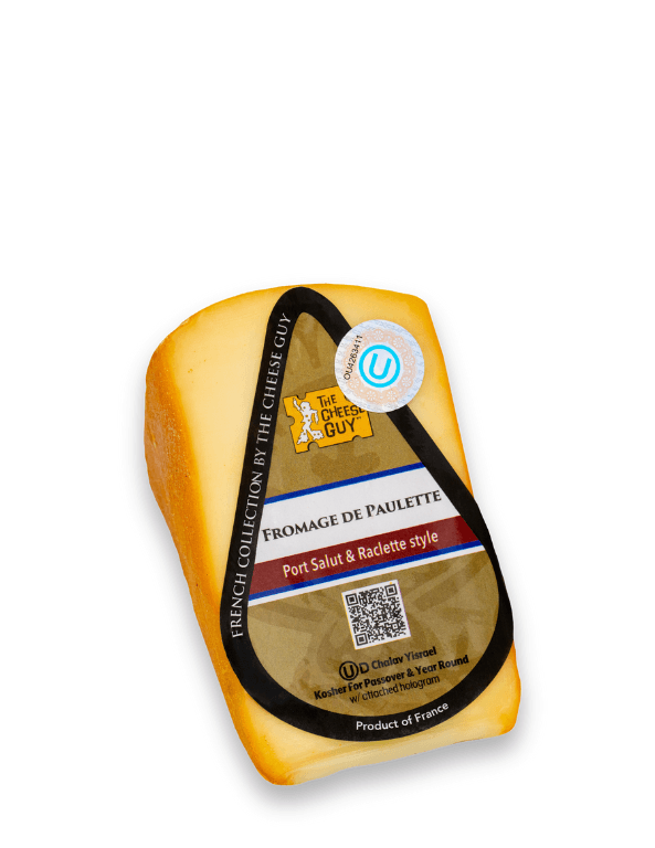 Image of The Cheese Guy Fromage De Paulette, a light-colored wedge-shaped block of cheese, showing the brand logo, 'Fromage De Paulette' product name, and 'Port Salut & Raclette style'.
