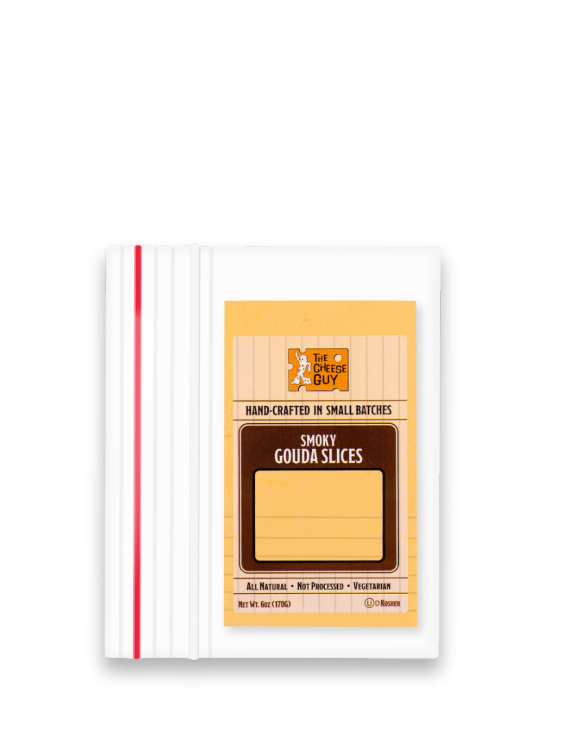 Image of The Cheese Guy Smoky Gouda Slices, in a white plastic bag with red stripes, showing the brand logo, 'Smoky Gouda Slices' product name, and attributes like 'All Natural' and 'Vegetarian'.