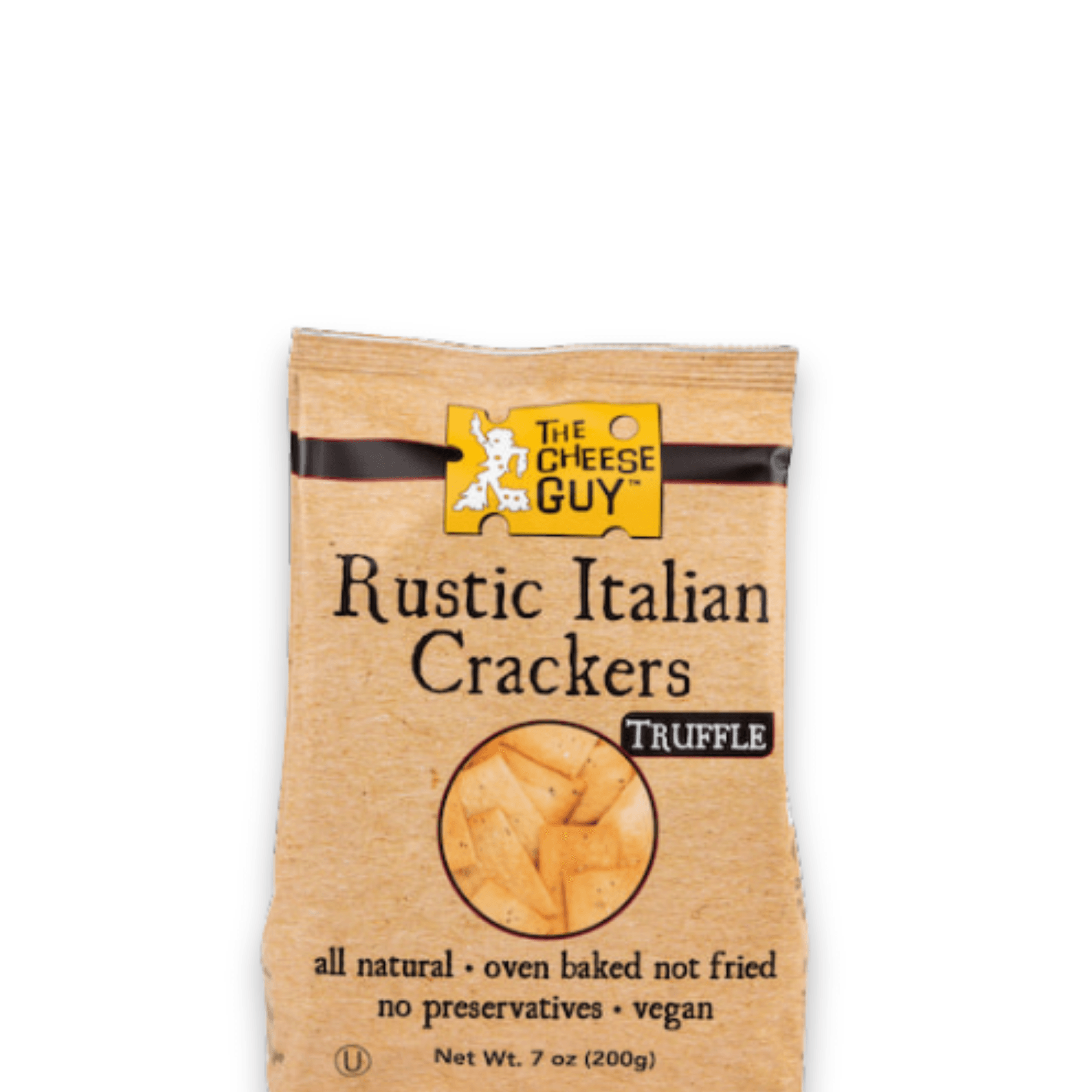 Image of The Cheese Guy Rustic Italian Truffle Crackers, in a brown paper bag, showing the brand logo, 'Rustic Italian Crackers' product name, and 'Truffle' flavor.