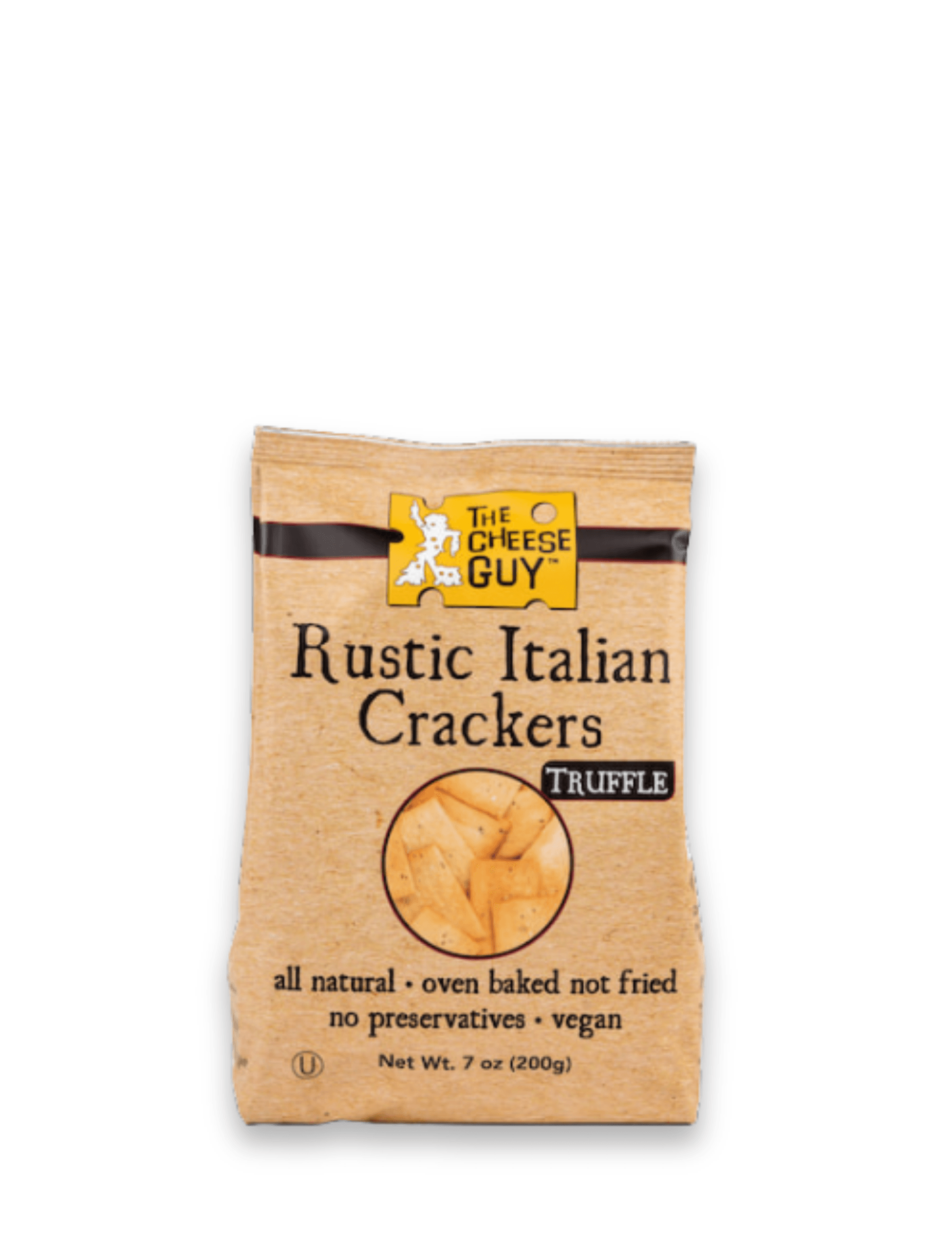 Image of The Cheese Guy Rustic Italian Truffle Crackers, in a brown paper bag, showing the brand logo, 'Rustic Italian Crackers' product name, and 'Truffle' flavor.