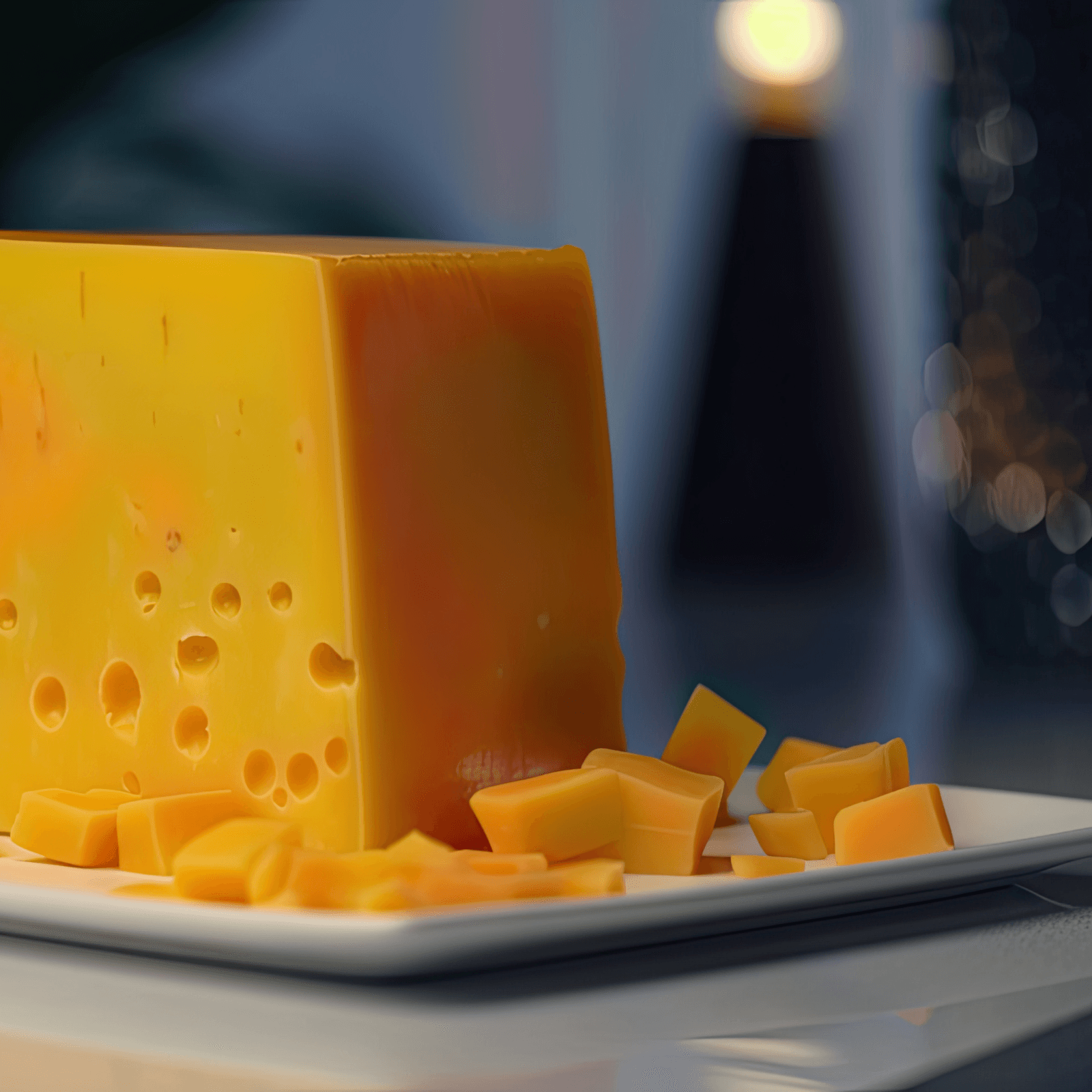 Two blocks of cheddar cheese, one with visible holes, and several smaller cubes of cheddar arranged on a white rectangular plate, set against a blurred background with bokeh lights.