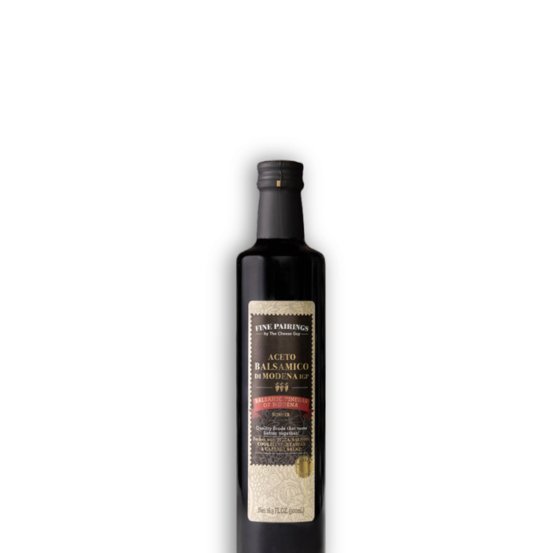 The Cheese Guy Fine Pairing Kosher Balsamic Vinegar of Modena IGP in a dark glass bottle with a black cap and a label featuring the product name and certification details.