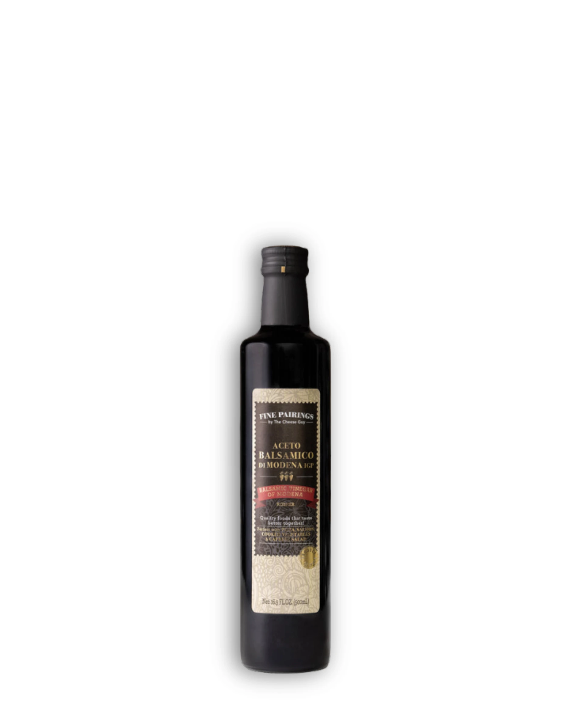 The Cheese Guy Fine Pairing Kosher Balsamic Vinegar of Modena IGP in a dark glass bottle with a black cap and a label featuring the product name and certification details.