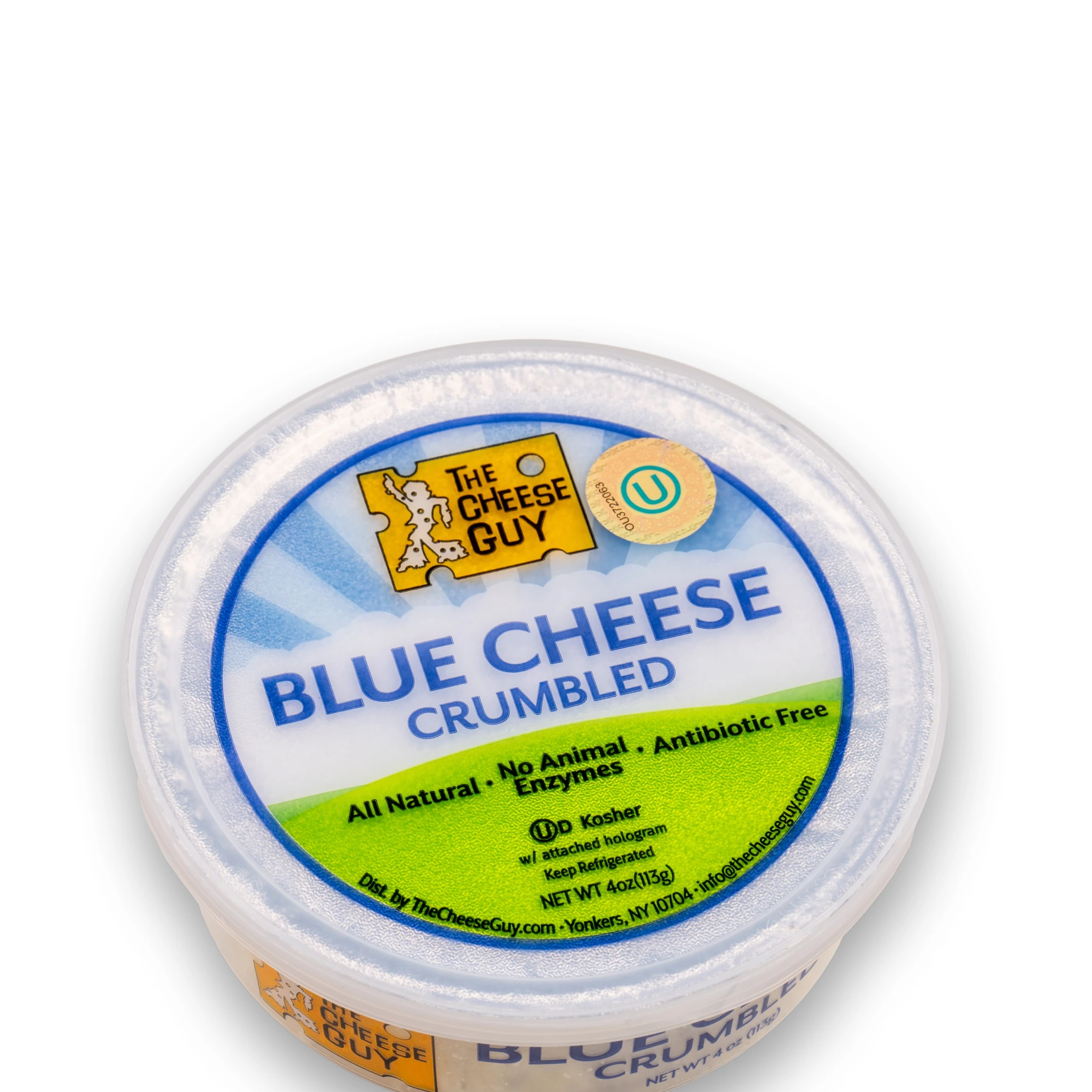 Image of The Cheese Guy Blue Cheese Crumbled, packaged in a round plastic container, showing the brand logo, 'Blue Cheese Crumbled' product name, and attributes like 'All Natural' and 'Antibiotic Free'.