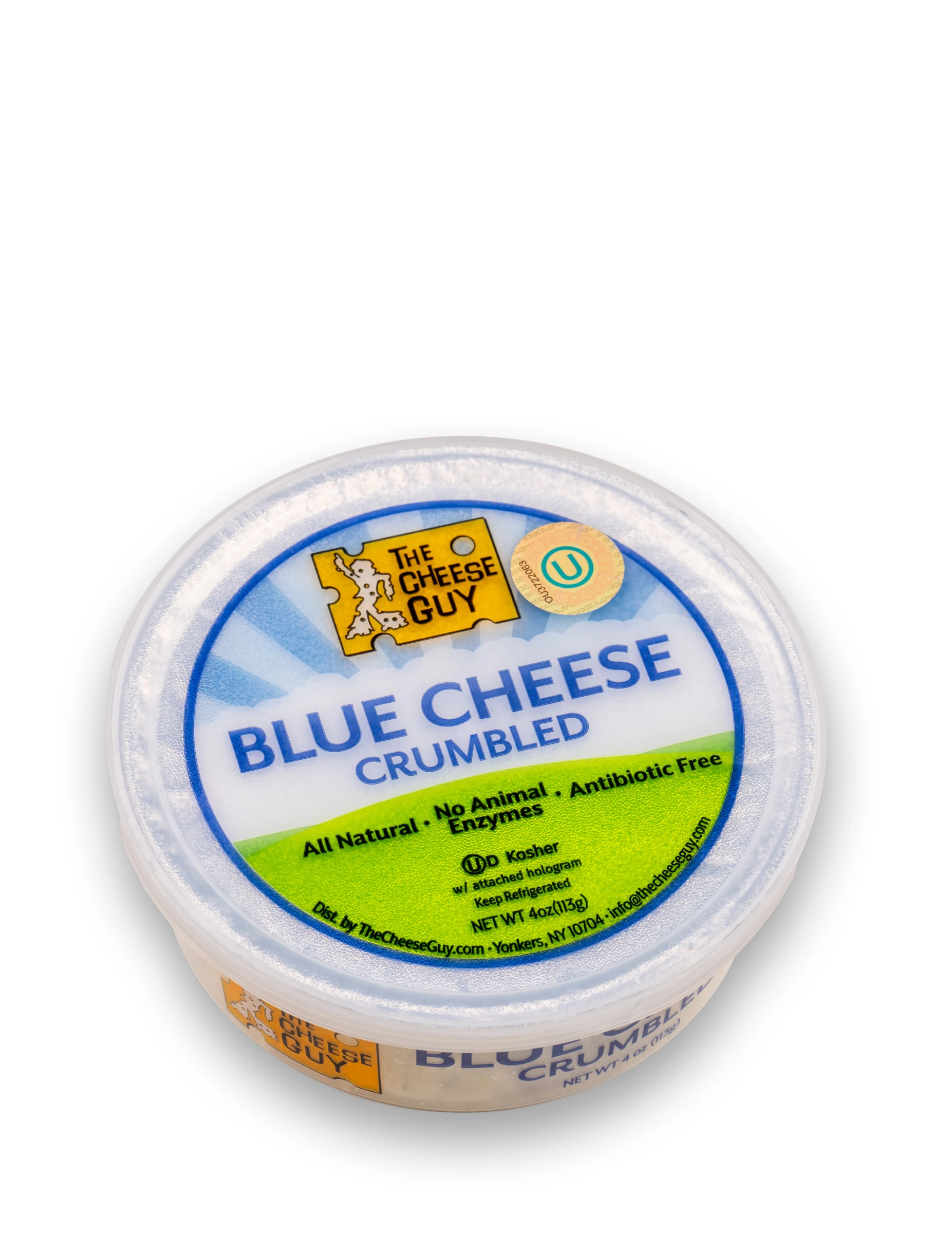 Image of The Cheese Guy Blue Cheese Crumbled, packaged in a round plastic container, showing the brand logo, 'Blue Cheese Crumbled' product name, and attributes like 'All Natural' and 'Antibiotic Free'.
