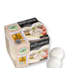 The Cheese Guy Mini Burratine packaging showcases three small balls of creamy burrata cheese with a tomato and basil garnish, along with The Cheese Guy logo and product details, with two individual mini burratine balls displayed separately.