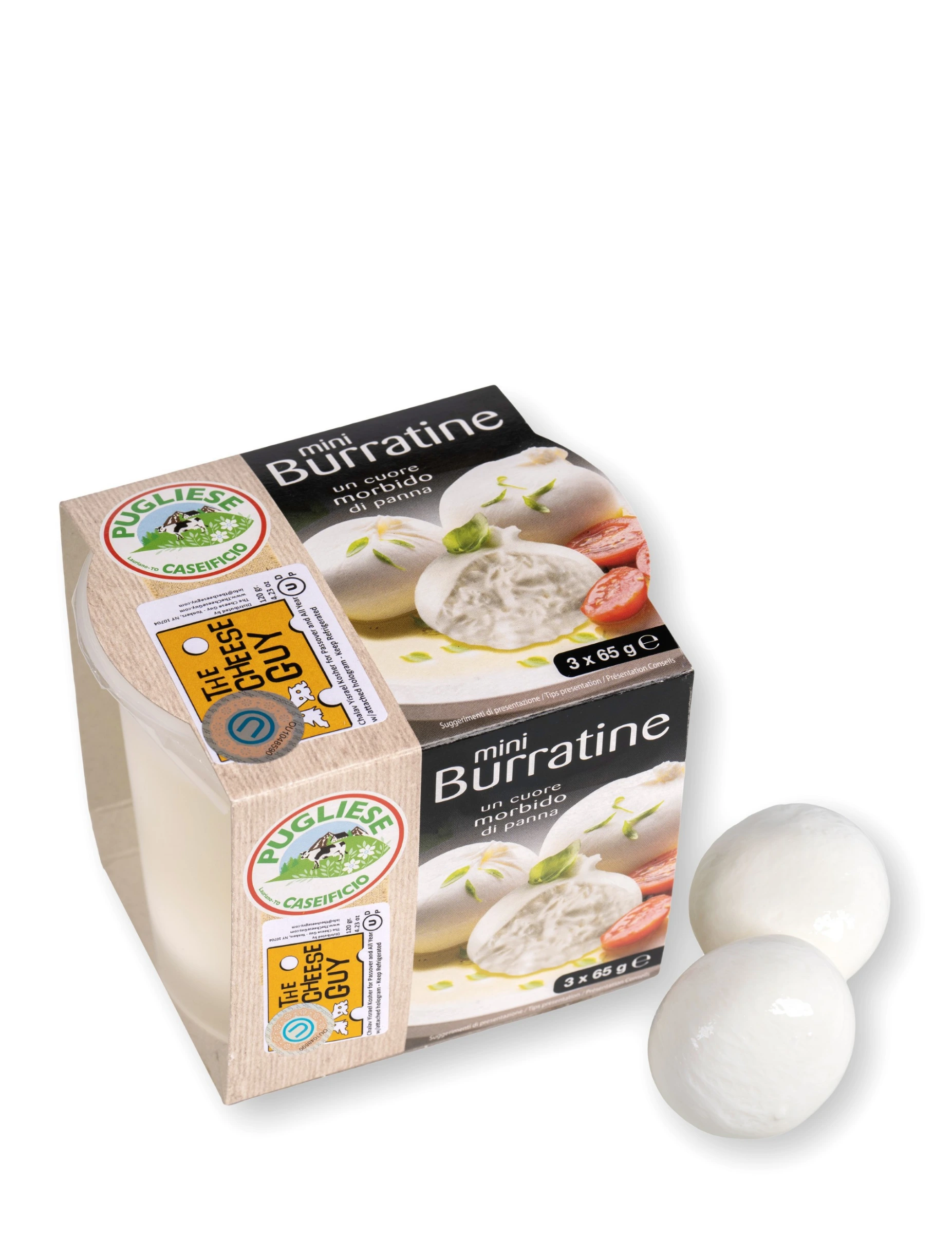 The Cheese Guy Mini Burratine packaging showcases three small balls of creamy burrata cheese with a tomato and basil garnish, along with The Cheese Guy logo and product details, with two individual mini burratine balls displayed separately.