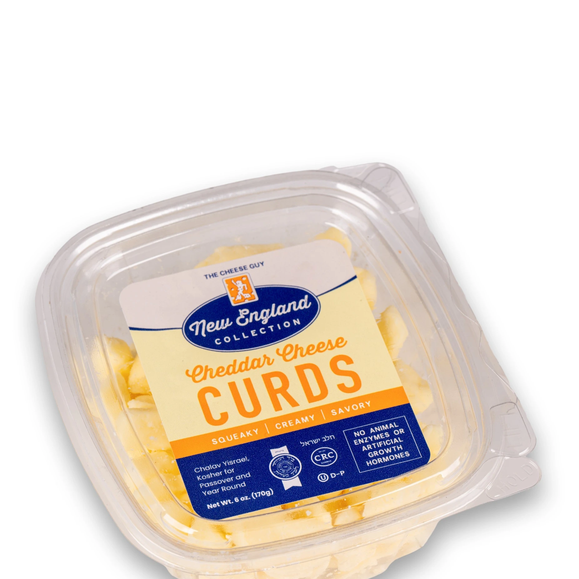 The Cheese Guy New England Collection Cheddar Cheese Curds in a clear plastic container with a blue and beige label highlighting the product name, "Cheddar Cheese CURDS," and descriptors like "Squeaky," "Creamy," and "Savory."