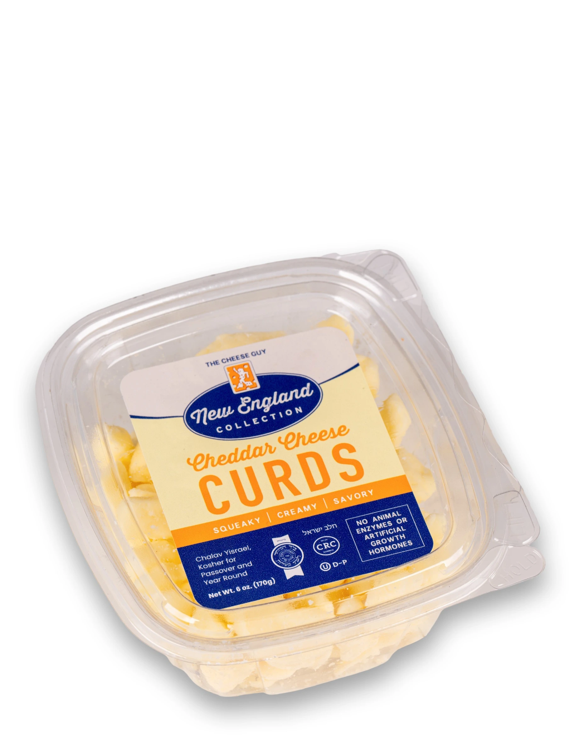 The Cheese Guy New England Collection Cheddar Cheese Curds in a clear plastic container with a blue and beige label highlighting the product name, "Cheddar Cheese CURDS," and descriptors like "Squeaky," "Creamy," and "Savory."