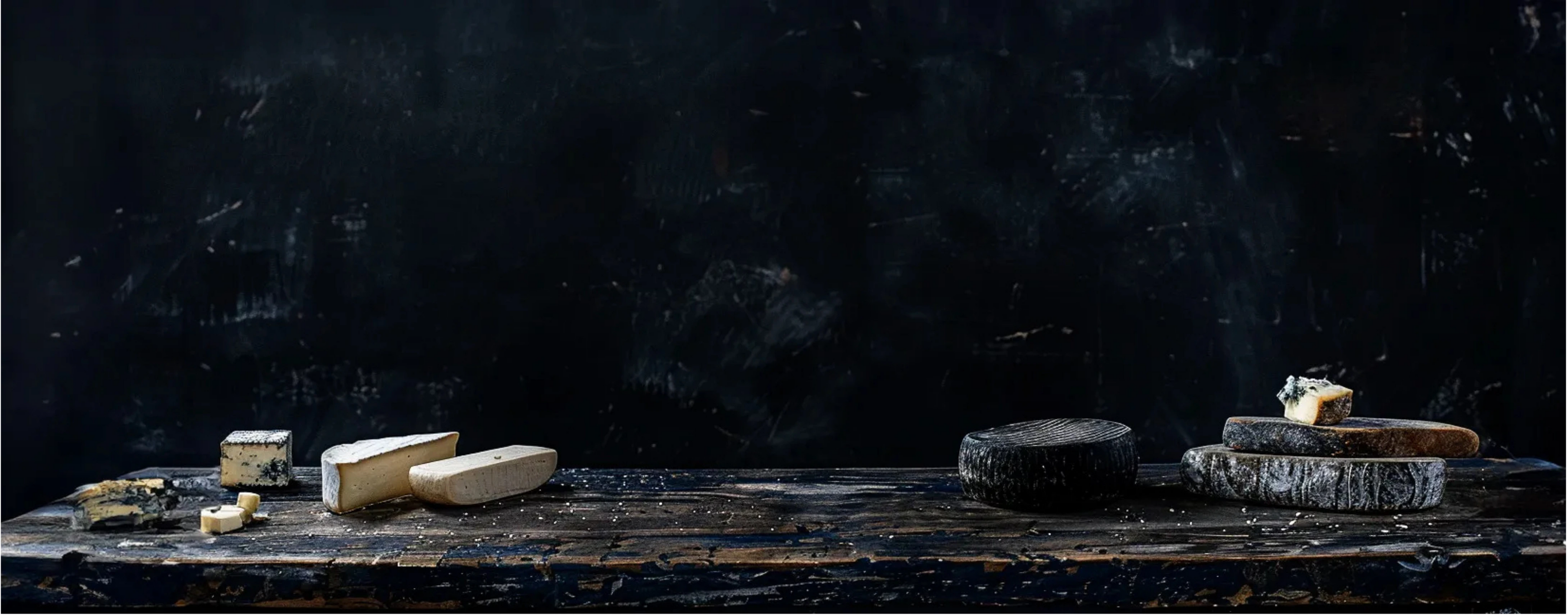 Moody still life of cheese on a rustic table.  Dark background and focused lighting highlight the textures of the cheeses.