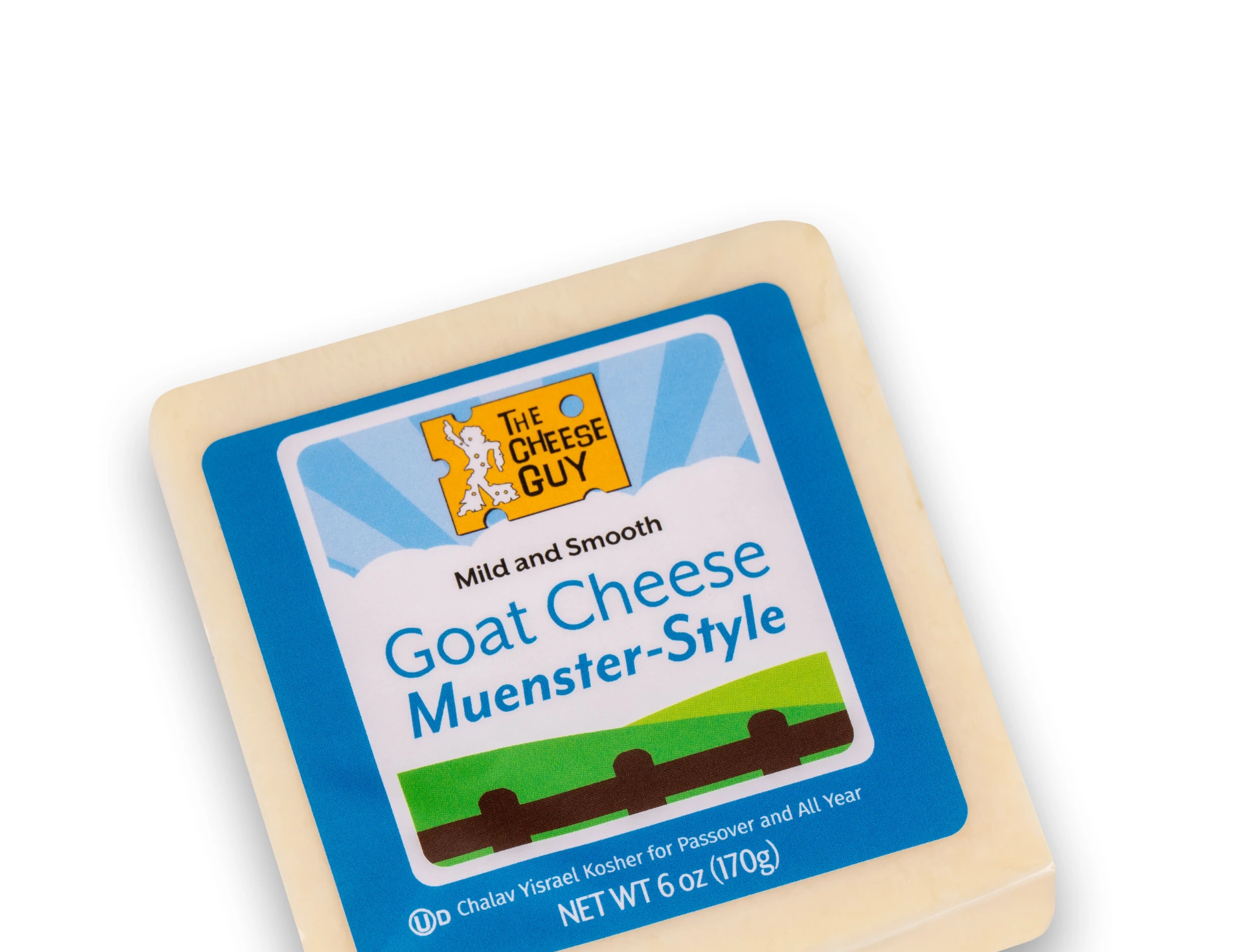 A block of The Cheese Guy Mild and Smooth Goat Cheese Muenster-Style features a blue and white label with the product name in bold letters and the company logo.