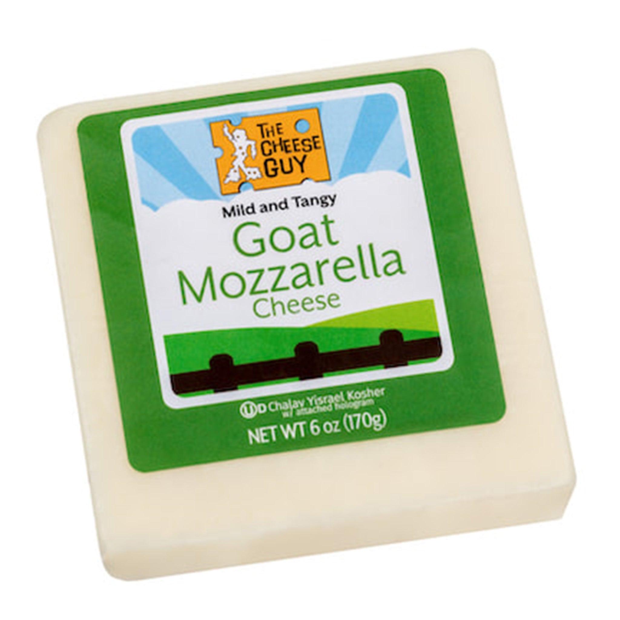 A block of The Cheese Guy Mild and Tangy Goat Mozzarella Cheese features a green and white label with the product name in bold letters and the company logo.