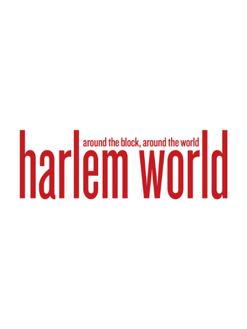 Harlem World logo: Red text on a light background. Bold font with tagline above.
