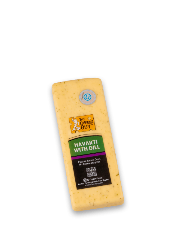 Image of The Cheese Guy Havarti with Dill, a light yellow cheese with visible dill flecks, in a rectangular block, showing the brand logo and product information on the label.
