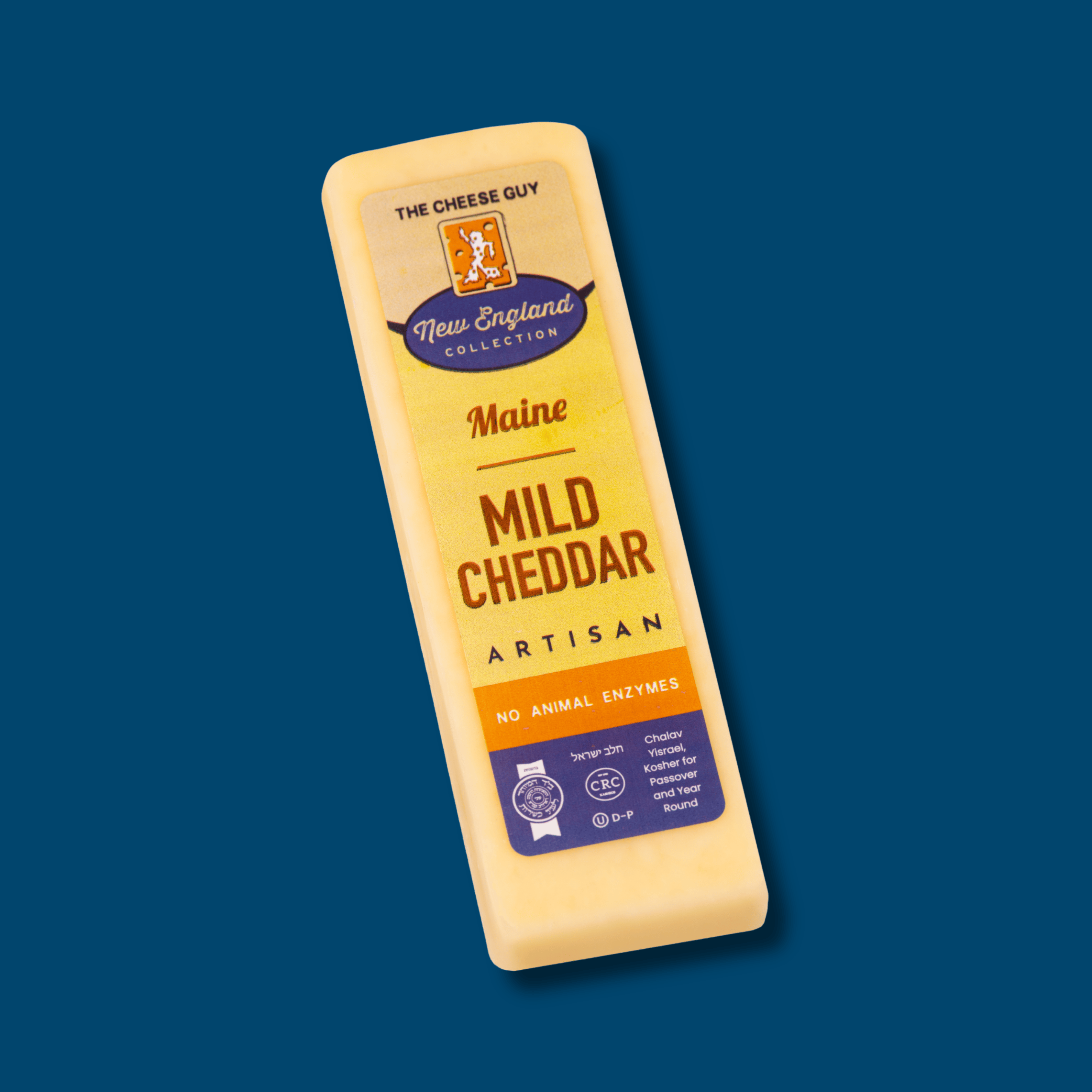 Block of The Cheese Guy Maine Mild Cheddar Artisan cheese with a yellow label on a blue background.
