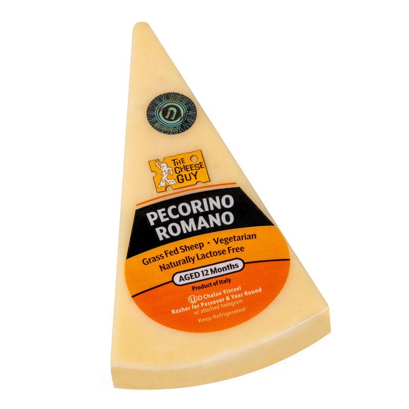 The Cheese Guy Pecorino Romano cheese wedge, close-up. Aged 12 months, made from grass-fed sheep, vegetarian, and naturally lactose-free. Product of Italy.