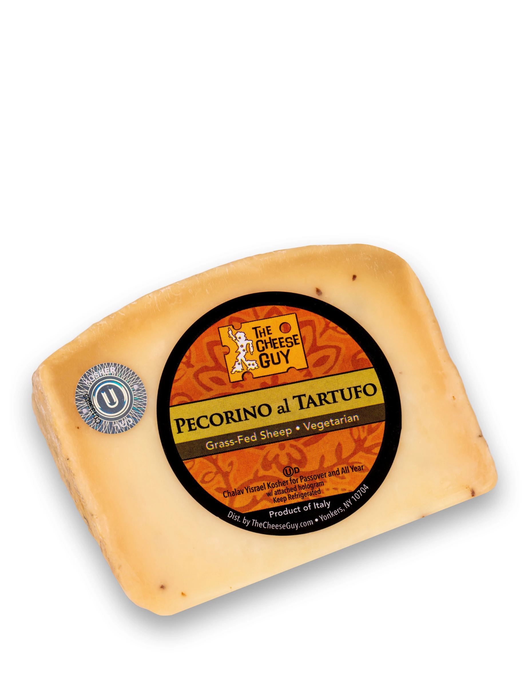A wedge of The Cheese Guy Pecorino al Tartufo cheese features a circular black and orange label with the product name in bold letters, indicating it's made from grass-fed sheep and is vegetarian, with visible black truffle pieces throughout the cheese.
