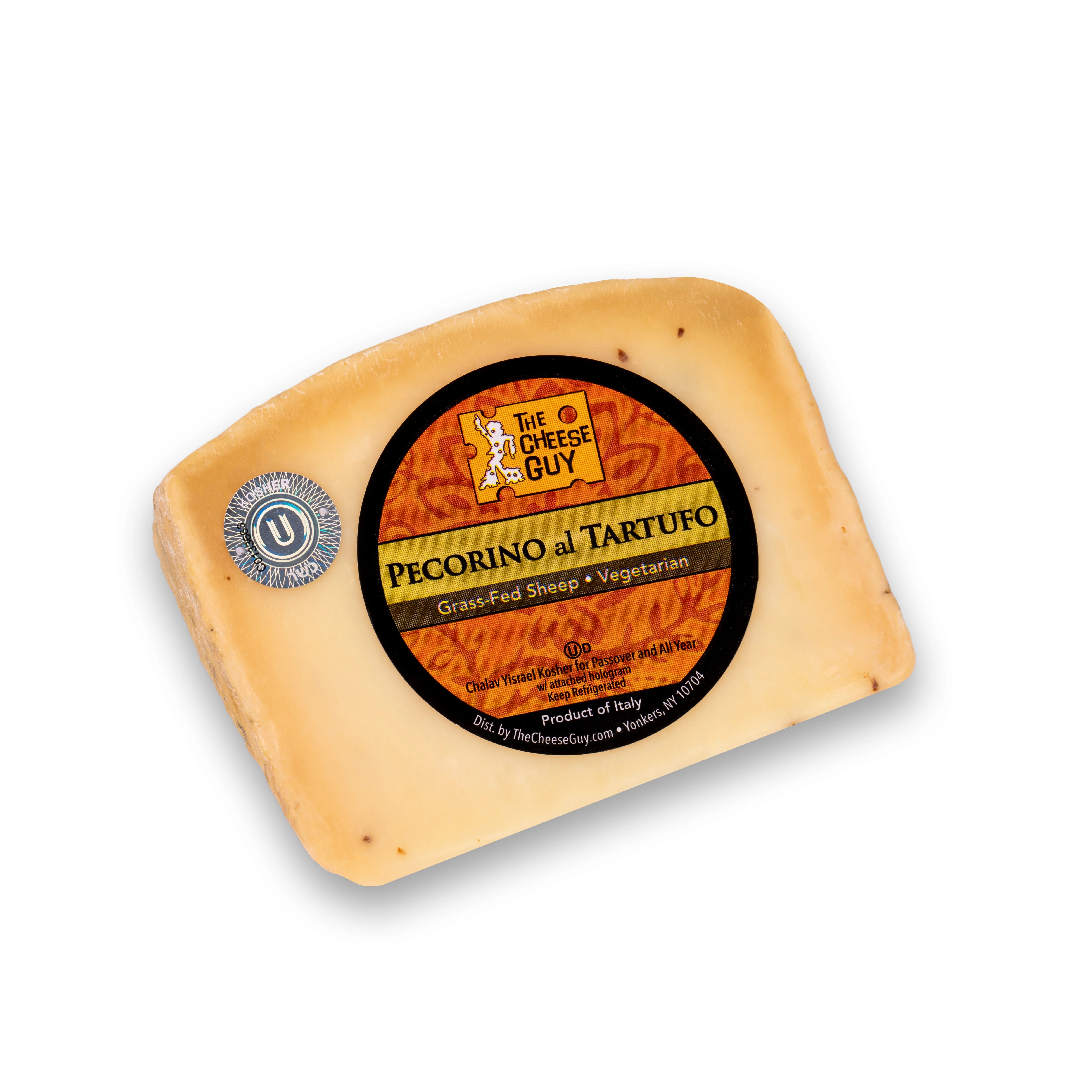 A wedge of The Cheese Guy Pecorino al Tartufo cheese, featuring a circular black and orange label with the product name in bold letters, indicating it's made from grass-fed sheep and is vegetarian, with visible black truffle pieces throughout the cheese, against a dark grey background.