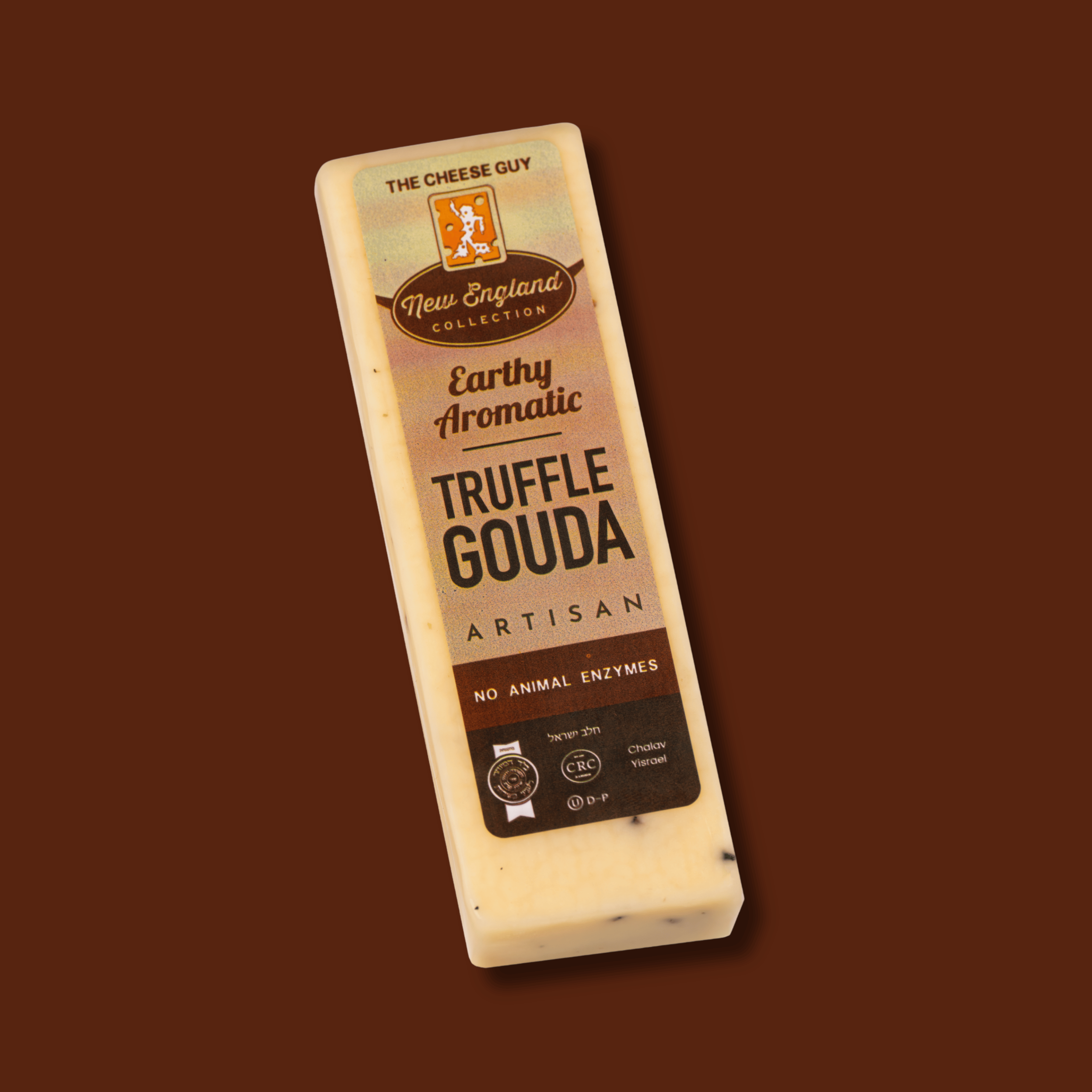 A block of The Cheese Guy Earthy Aromatic Truffle Gouda Artisan Cheese.  The label highlights "NO ANIMAL ENZYMES" and "CRC Kosher for Passover and Year Round," indicating it's a kosher truffle gouda cheese product with a brown background.