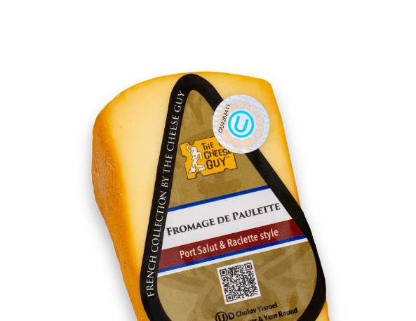 Image of The Cheese Guy Fromage De Paulette, a light-colored wedge-shaped block of cheese, showing the brand logo, 'Fromage De Paulette' product name, and 'Port Salut & Raclette style'.