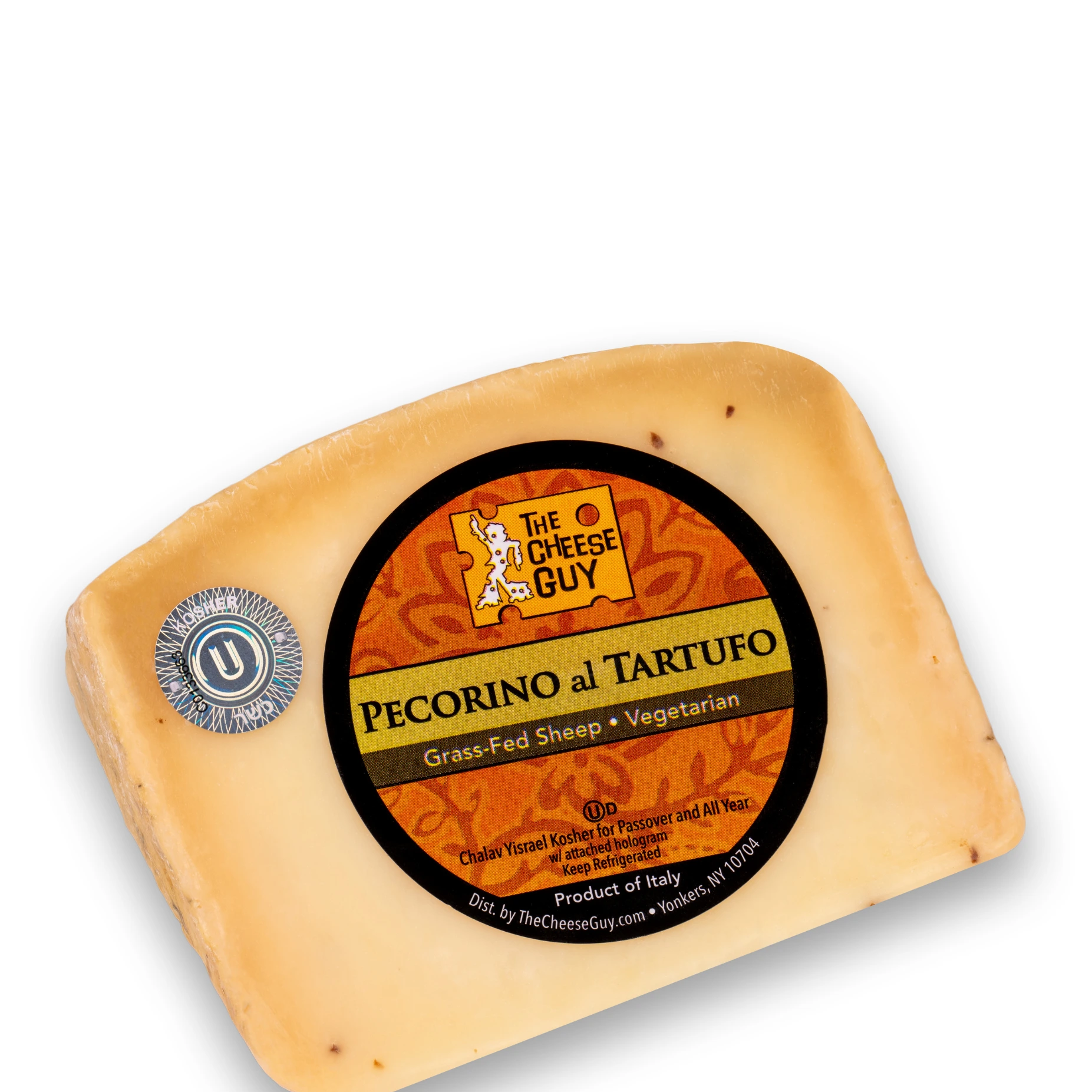 A wedge of The Cheese Guy Pecorino al Tartufo cheese features a circular black and orange label with the product name in bold letters, indicating it's made from grass-fed sheep and is vegetarian, with visible black truffle pieces throughout the cheese.