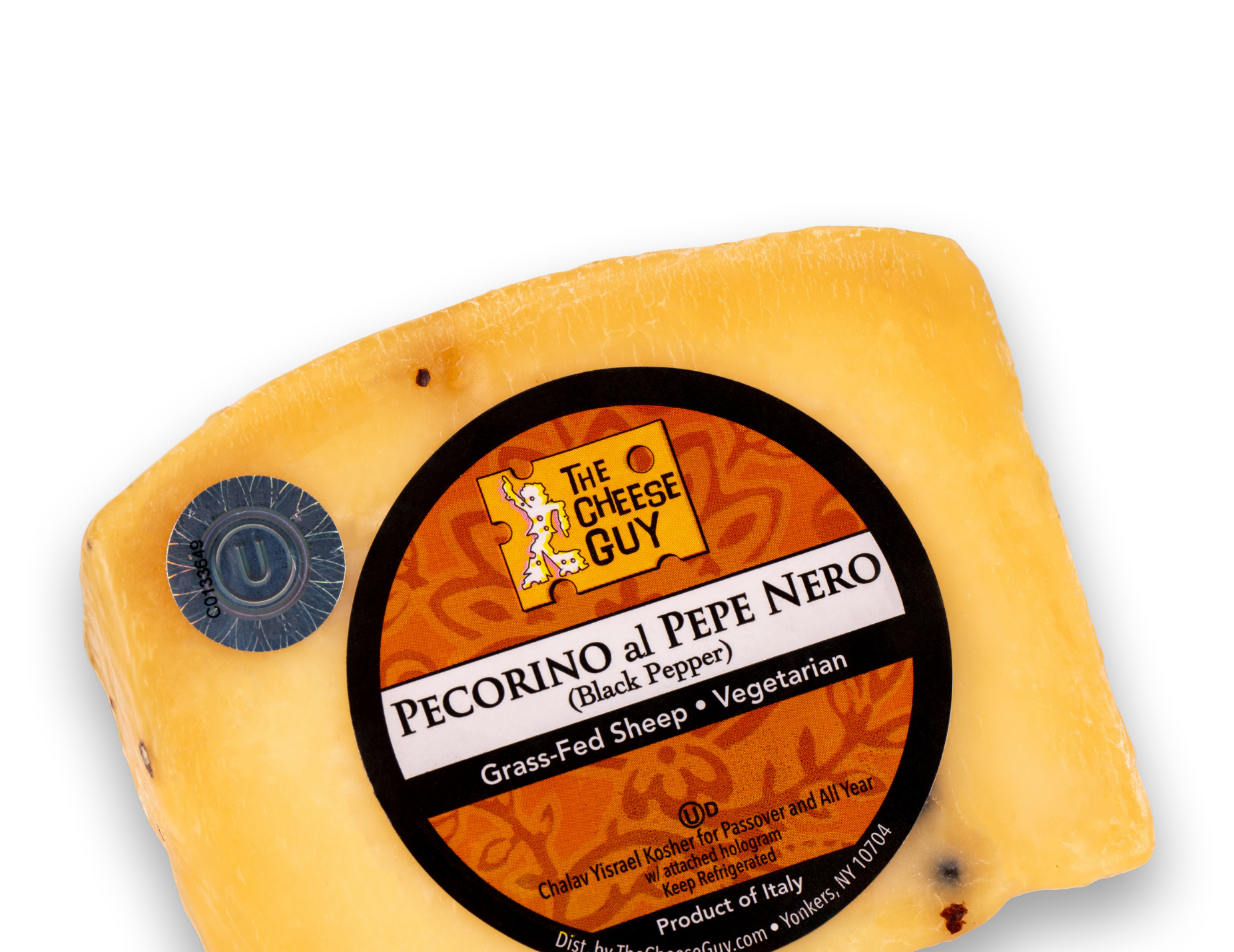 Image of The Cheese Guy Pecorino al Pepe Nero, a light-colored wedge-shaped block of sheep's milk cheese with black peppercorns, showing the brand logo and 'Pecorino al Pepe Nero (Black Pepper)' product name on the label.